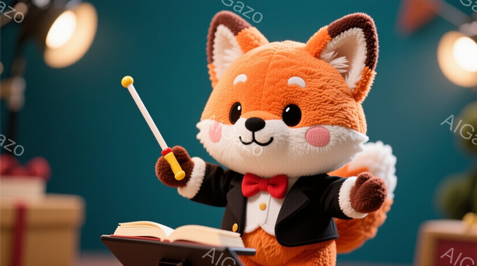 This image shows a plush toy of a fox in the style of Sanrio characters, which are known for their cute and whimsical designs. The fox is anthropomorphized with arms and legs, and it has a friendly expression on its face. It's dressed as if conducting an orchestra, complete with a conductor's baton in one hand and sheet music in the other. In the background, there are Christmas decorations indicating that the setting might be during the holiday season. The overall atmosphere is cheerful and playful, capturing the essence of Sanrio characters' charming nature.