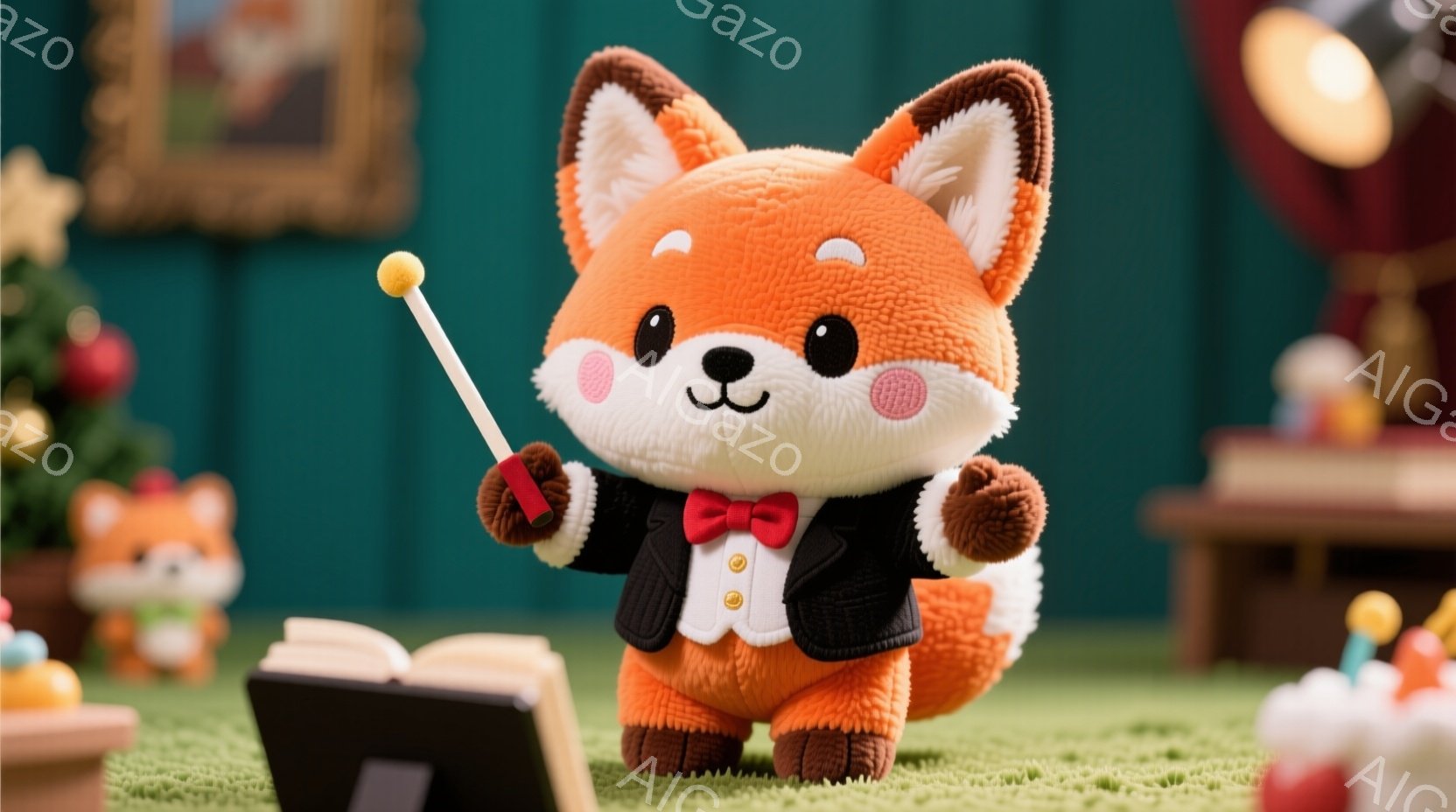 オレンジ色のふわふわしたキツネが、黒いタキシードと赤い蝶ネクタイを着て、指揮棒を手にしています。キツネは自信に満ちた表情で、楽譜の前に立っており、周囲には可愛らしいおもちゃや装飾が置かれています。背景は緑色の壁と、カラフルな装飾が施された室内で、全体的に暖かく、お祝いのような雰囲気です。