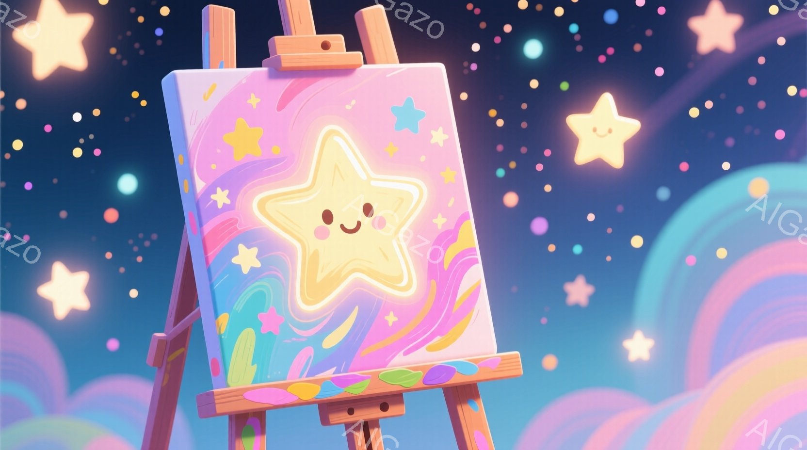 キャンバスがイーゼルに立てかけられており、キャンバスには笑顔の星が描かれています。背景には、パステルカラーの雲とキラキラと輝く星が散りばめられ、夢のような幻想的な雰囲気を醸し出しています。キャンバスの下には、様々な色の絵の具が並び、アートの世界へと誘います。