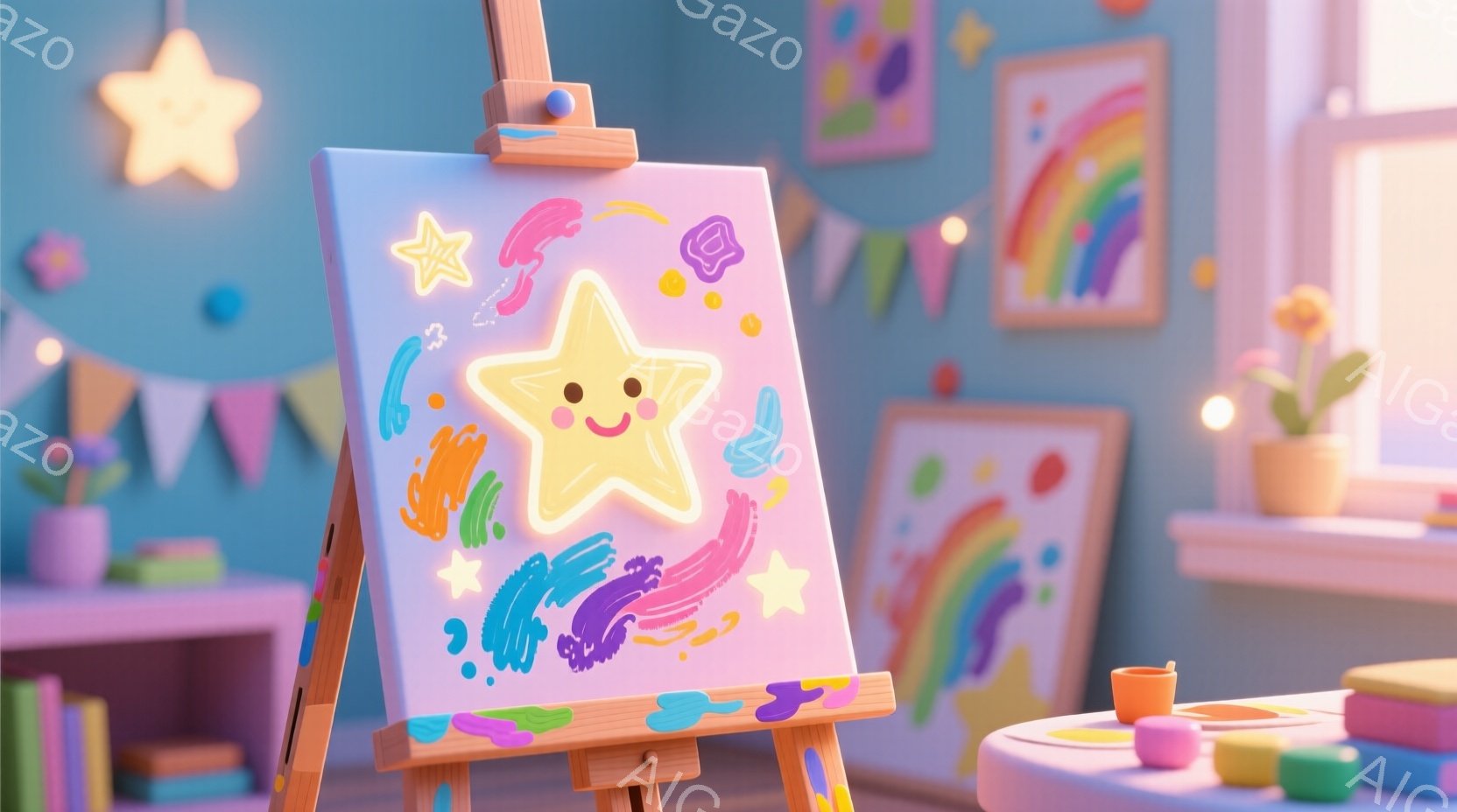 明るい水色の壁を背景に、イーゼルに立てかけられたキャンバスが描かれている。キャンバスには、笑顔の黄色い星を中心に、様々な色の絵の具で描かれた星や曲線が配置されており、まるで子供の落書きのような愛らしい - AI生成フリー素材