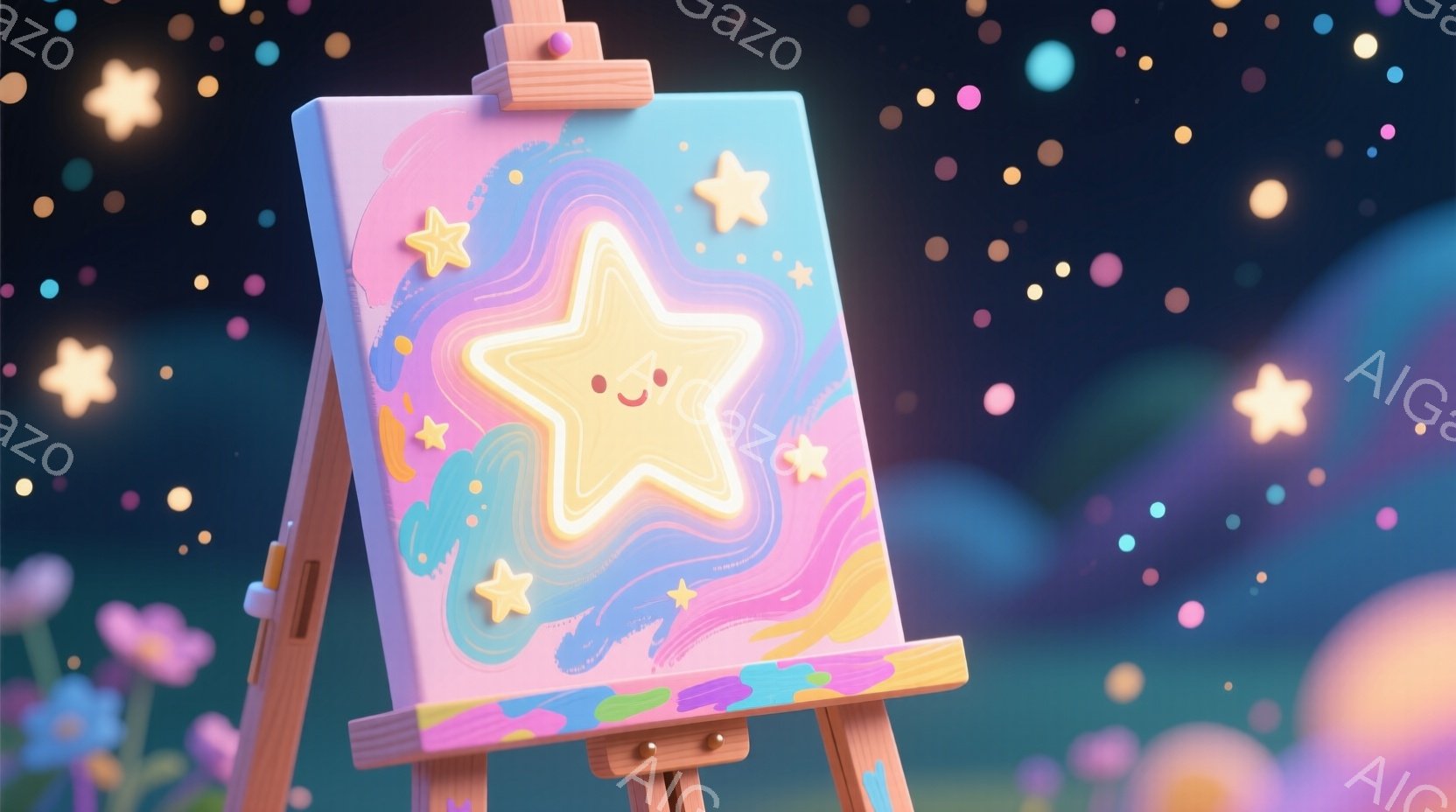 キャンバスはイーゼルに立てられ、虹色の渦巻き模様と、笑顔の星が描かれています。背景には、ぼやけた紫とピンクの花、そして小さな光の粒子が散りばめられた夜空が広がっています。全体的に、夢のような、かわいらしい雰囲気です。