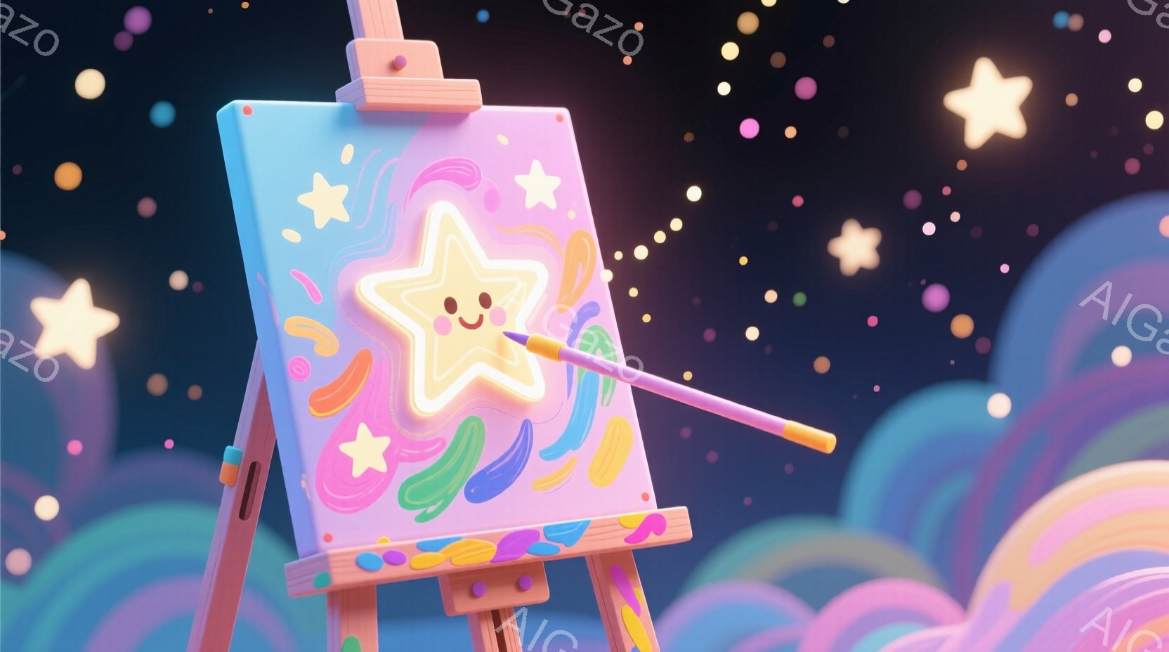 イーゼルにキャンバスが置かれ、明るい黄色の星が笑顔で描かれています。キャンバスには、緑、青、ピンク、オレンジ色のペイントの跡が点在し、まるで星が輝いているように見えます。背景は暗い空にさまざまな色の雲が浮かび、多くの星が散りばめられており、夢のような雰囲気を作り出しています。