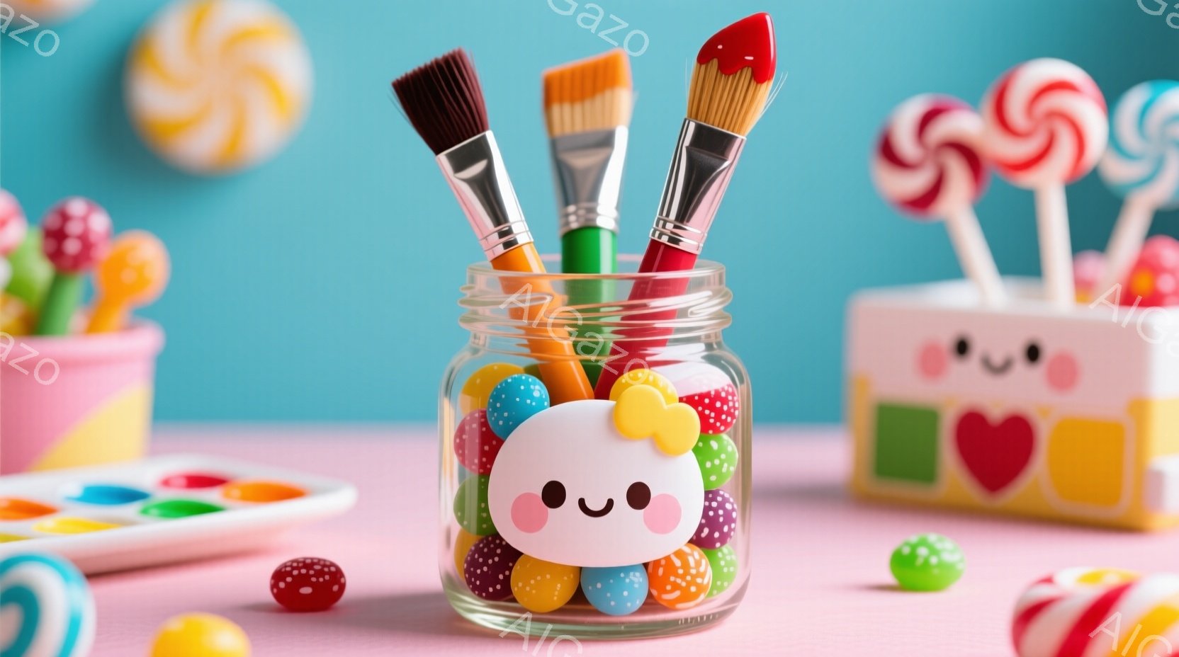 明るいピンク色の背景に、キャンディや絵筆が置かれた可愛らしい静物画です。キャンディが詰まったガラス瓶には、かわいらしい顔が描かれており、周りにはカラフルなキャンディや小さな緑色のキャンディが散らばっています。全体的に甘くて楽しい雰囲気が漂い、子供向けの創造的な活動を連想させます。