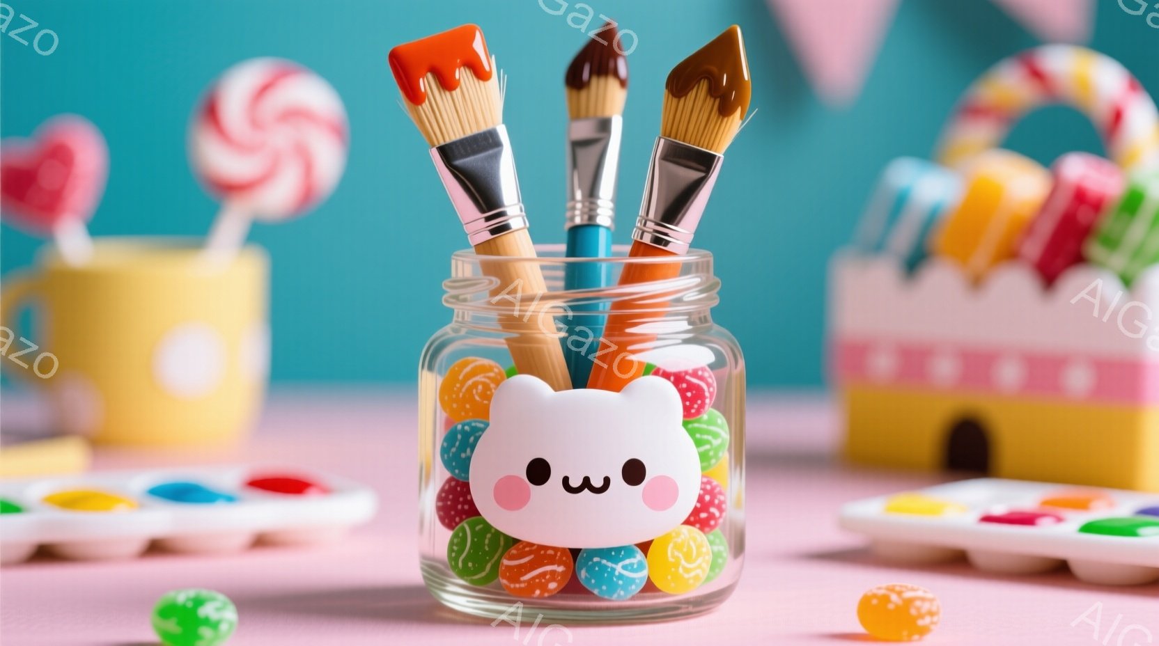 カラフルなキャンディと絵筆が詰まったガラスの瓶が中央にあります。瓶の前面には、可愛らしい笑顔の白い猫の顔が描かれており、背景にはパレットやカラフルな棒付きキャンディ、お城のような建物が見えます。全体的に明るく、お祭りや子供の遊びを連想させる、楽しい雰囲気が漂っています。
