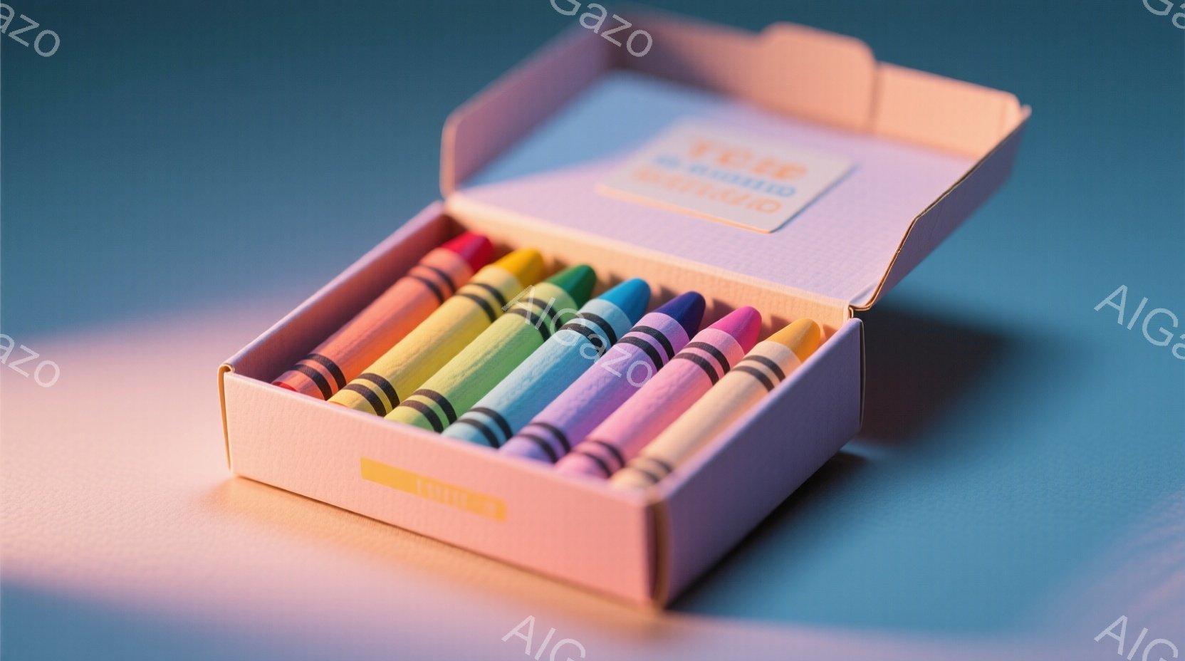 カラフルなクレヨンが箱の中に整然と並べられています。箱は淡いオレンジ色で、背景はグラデーションのピンクと青で構成され、柔らかく穏やかな雰囲気を作り出しています。クレヨンは赤、オレンジ、黄色、緑、青、紫など、様々な色があり、子供向けの創造的な遊びを連想させます。