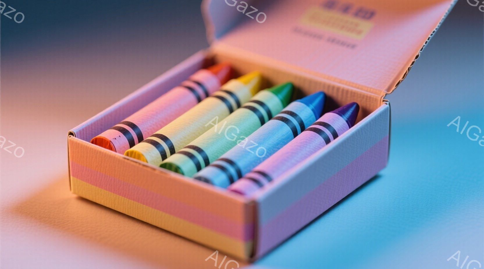 ピンク色のストライプが施された箱の中に、赤、オレンジ、黄色、緑、紫、ピンク色のクレヨンが並んでいます。箱は少し傾いており、背景は柔らかい青とピンクのグラデーションで、全体的に穏やかでカラフルな雰囲気です。クレヨンは使用された形跡があり、創造性と遊び心を想起させます。