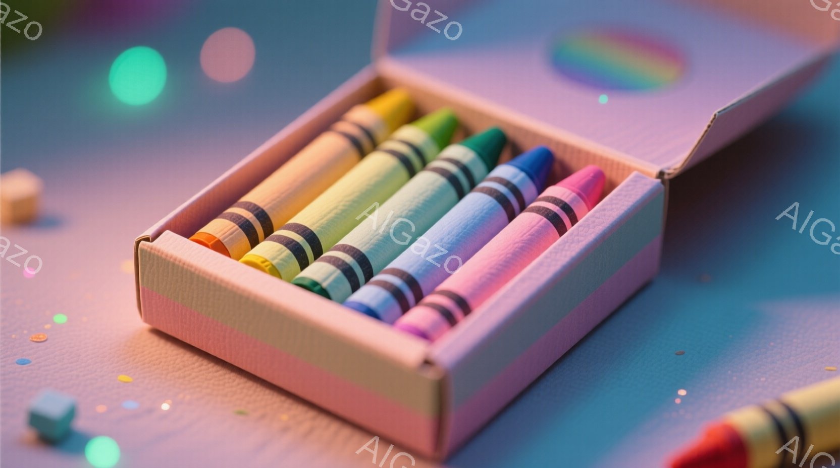 ピンク色の背景に、開いた段ボール箱の中にカラフルなクレヨンが並んでいる様子が写っている。クレヨンはオレンジ、黄色、緑、水色、ピンク色と様々な色合いで、箱の中で整然と並べられている。箱の周りには、ぼやけた光の粒子が散りばめられており、全体的に柔らかく、遊び心のある雰囲気を醸し出している。