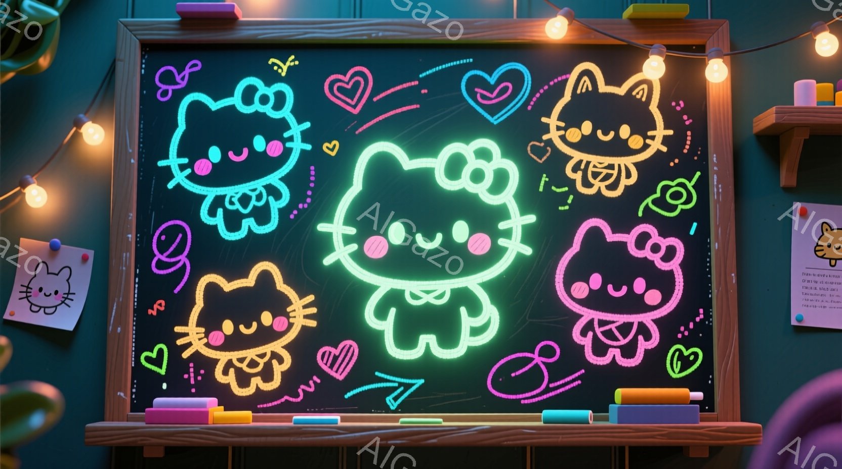This image depicts an animated scene featuring four characters resembling Hello Kitty, each with a different pose and expression. They are standing next to a chalkboard that has various other Hello Kitty figures drawn on it in neon colors, creating a playful and colorful atmosphere. In the background, there is a dark room with some string lights, giving off a cozy and inviting vibe.