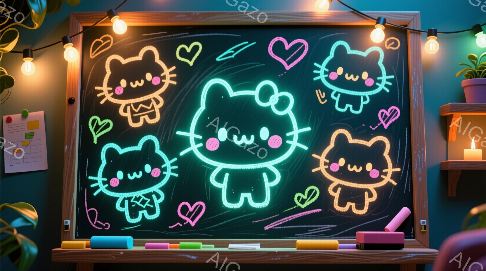 黒板に蛍光色のハローキティが３匹描かれており、それぞれ笑顔で可愛らしい表情をしています。黒板の周りには、色鉛筆や消しゴム、植物、そして電球が飾られており、温かく、創造的な雰囲気を醸し出しています。背景は暗く、蛍光色の光がキティちゃんたちを引き立てています。