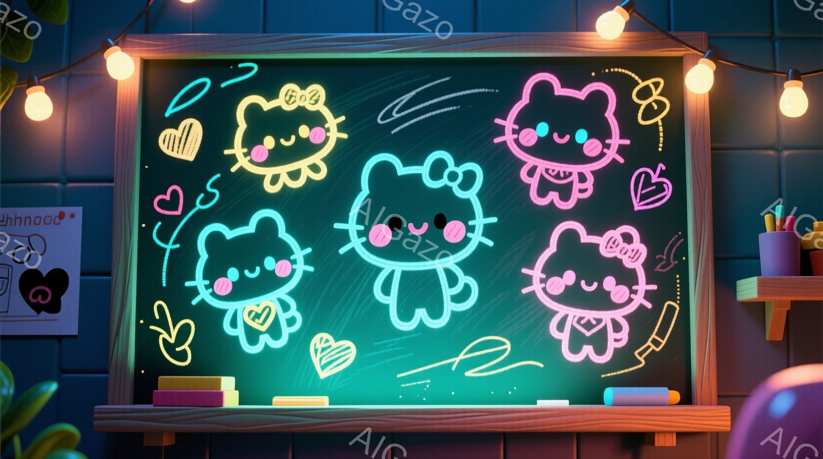 蛍光色の線で描かれたハローキティのイラストが黒板に三つ並んでいます。キティはそれぞれピンクのリボンをつけており、可愛らしい笑顔を浮かべています。背景には紫色の壁と本棚、そして点灯した電球があり、温かく楽しい雰囲気が漂っています。