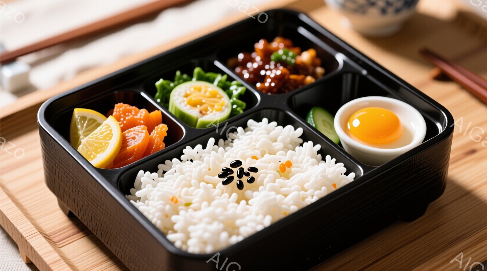 黒い弁当箱の中に、白米、焼き鮭、ひじきの煮物、卵焼きがバランス良く詰められています。彩り豊かで食欲をそそる盛り付けで、全体的に温かみのある雰囲気が漂っています。木製のトレーの上に乗せられており、和食の美味しさを引き立てています。