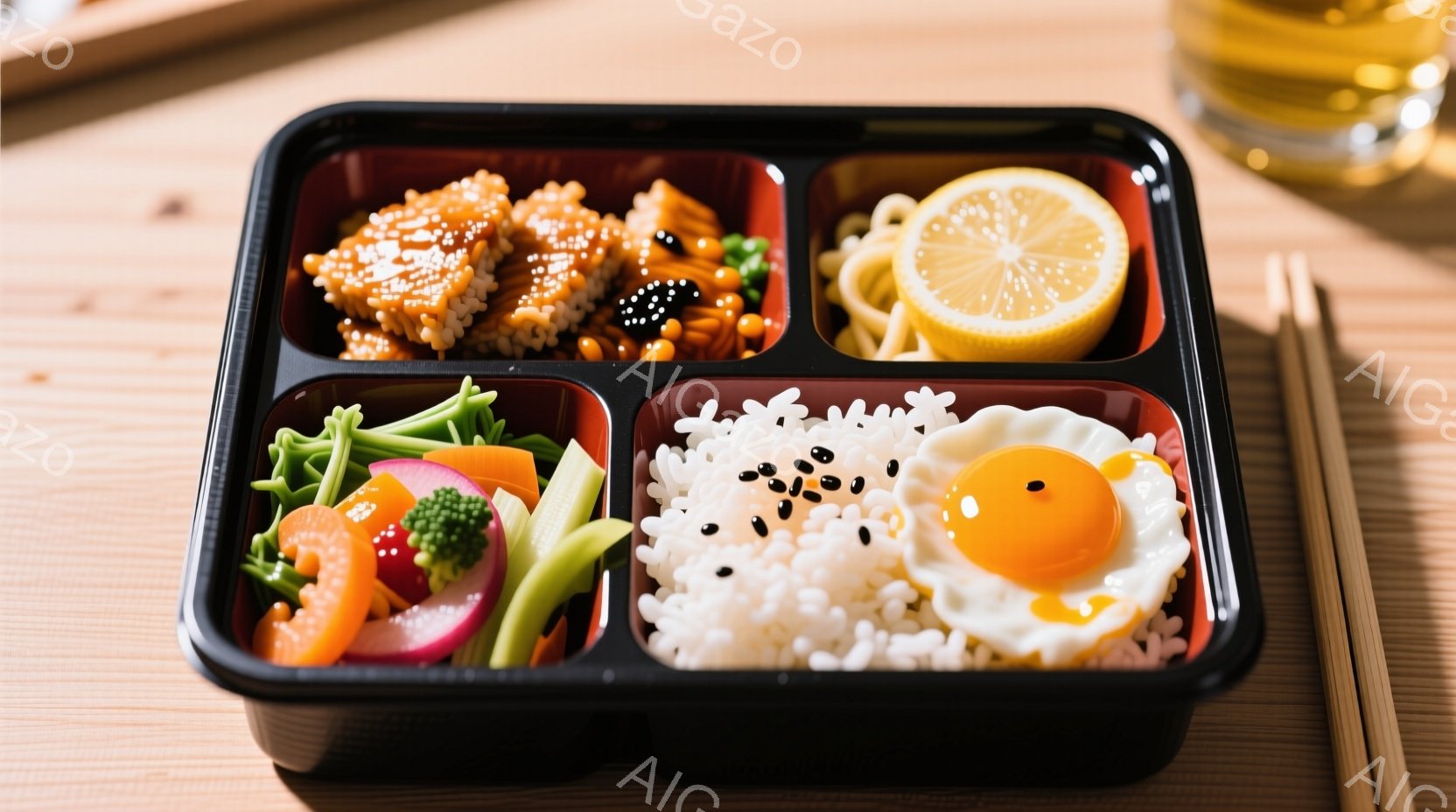 「、日本の伝統的な一人用食事を表現するもので、各コースは鶏肉、野菜、米と卵に加えた調理品が提供されています。食事の前にお茶を注いだカップが表示され、食事が乾燥しないように、飲み物と食べ物の間にあるスペーサーも注意深く考慮されています。様々な食材が美しく配置され、組み合わせたダイエットで健康的な選択を強調するという明確なメッセージが伝わります。」