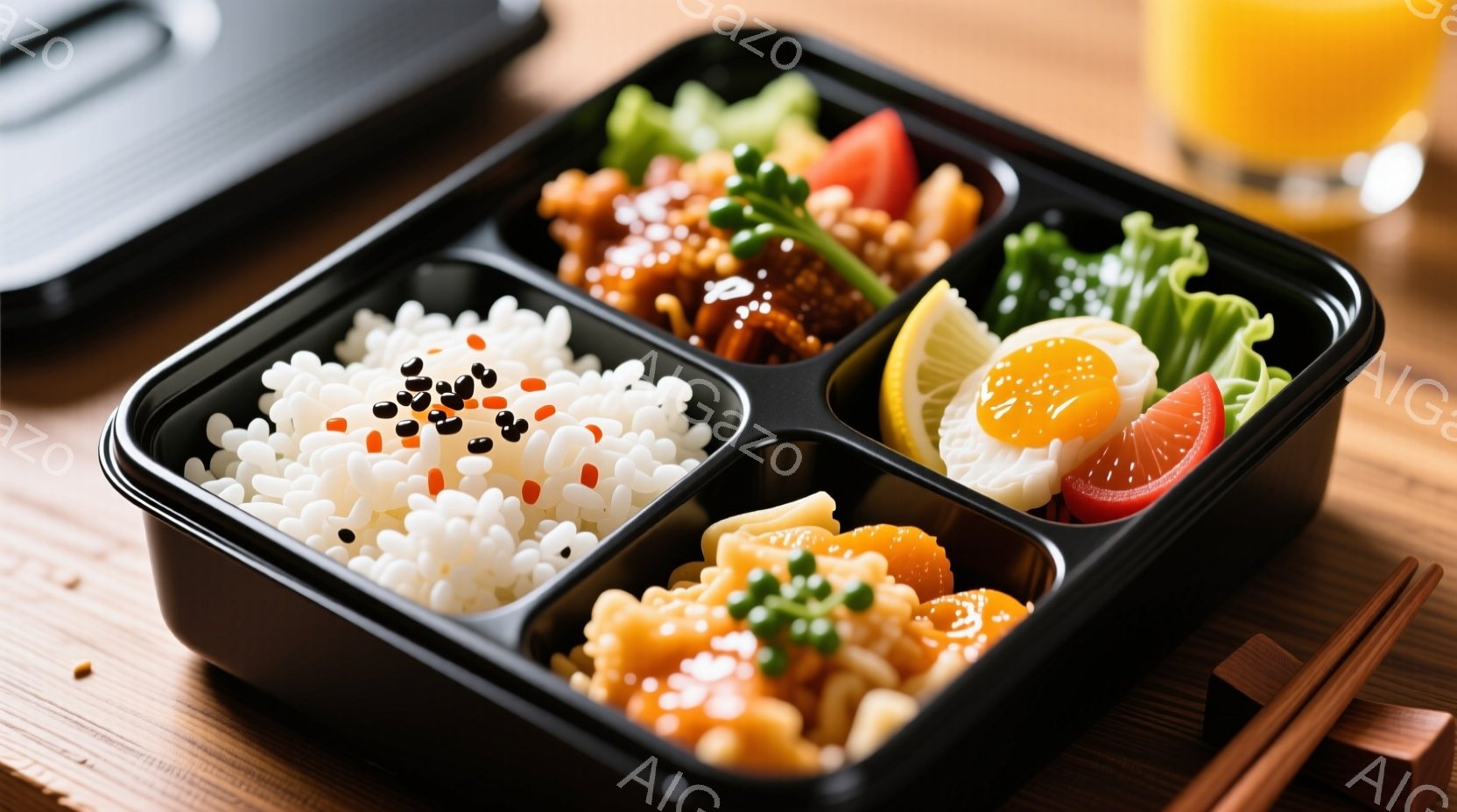 黒い弁当箱の中に、ご飯、炒めた肉、卵焼き、そして野菜が綺麗に盛り付けられています。ご飯には黒ごまが散りばめられ、彩り豊かで食欲をそそる様子が伝わってきます。木製のテーブルの上に置かれ、箸が添えられていることから、手作りの愛情のこもったお弁当であることがわかります。