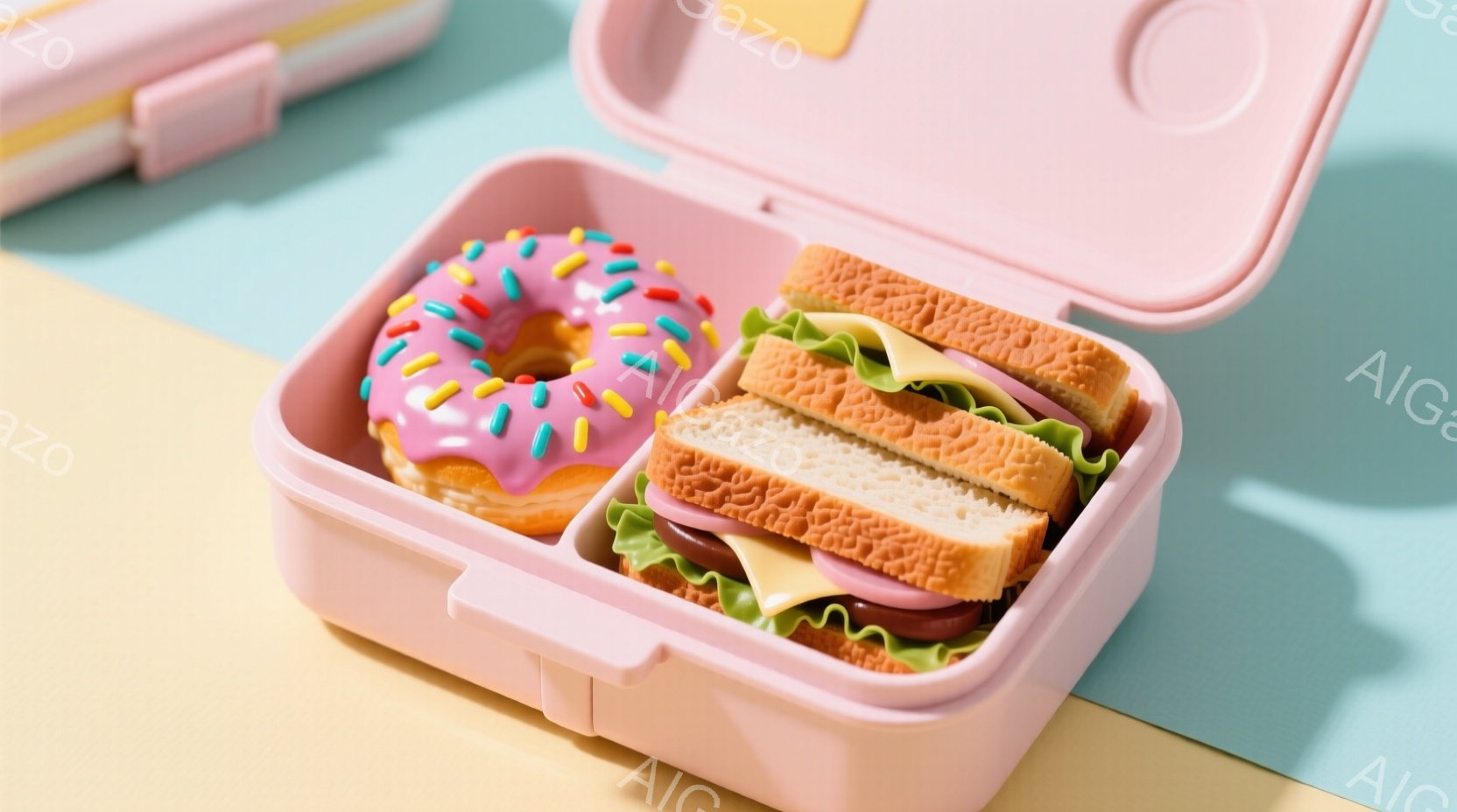 ピンク色の弁当箱が開いており、片方の区画にはカラフルなシュガーがトッピングされたピンク色のドーナツ、もう片方の区画にはハムとチーズが挟まれたサンドイッチが入っています。背景は、明るい黄色と水色のグラデ - AI生成フリー素材