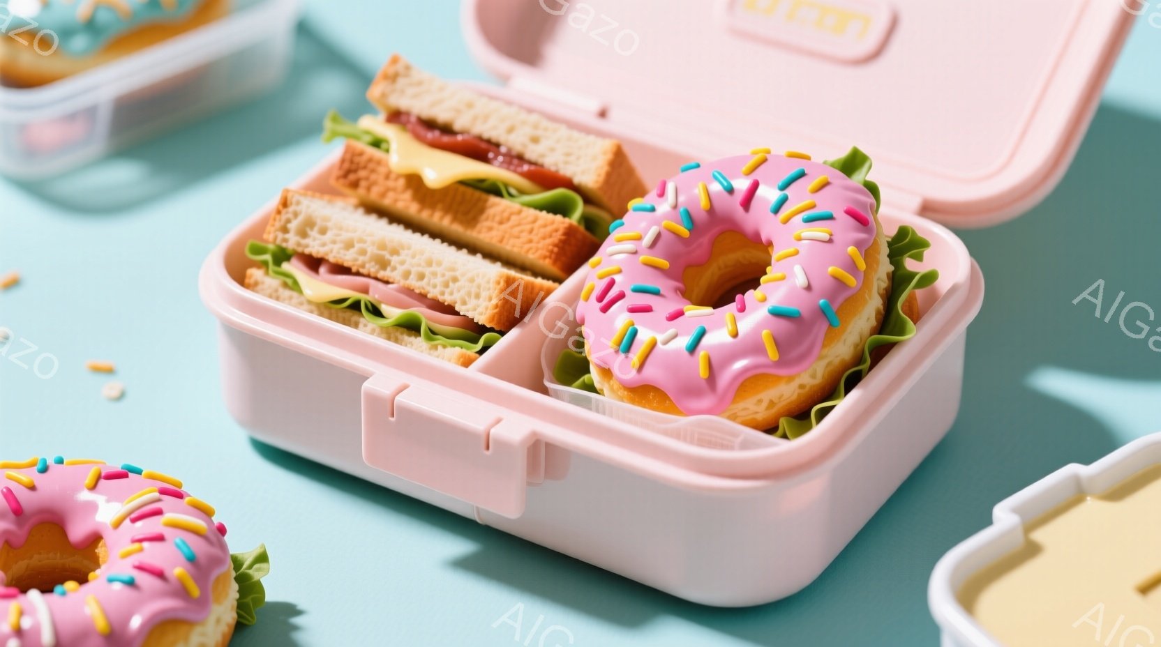 ピンク色のランチボックスが青色の背景に置かれており、中にはサンドイッチとドーナツが収められています。サンドイッチはチーズと赤いソース（おそらくケチャップやジャム）が挟まっており、ドーナツはピンク色でカラフルなスプリンクルがトッピングされています。全体的に明るく、食欲をそそる雰囲気で、子供のランチタイムを連想させます。