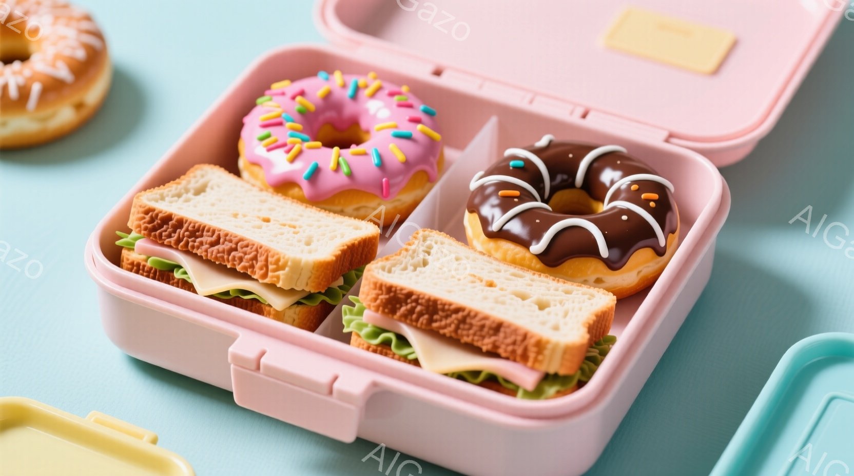 ピンク色の弁当箱の中に、半分に切られたサンドイッチと2つのドーナツが並んでいます。サンドイッチはレタスとチーズが挟まっており、ドーナツはそれぞれピンク色に緑色のスプリンクル、茶色に白い線が入っています。背景は水色の面で、他の弁当箱の一部も見えます。
