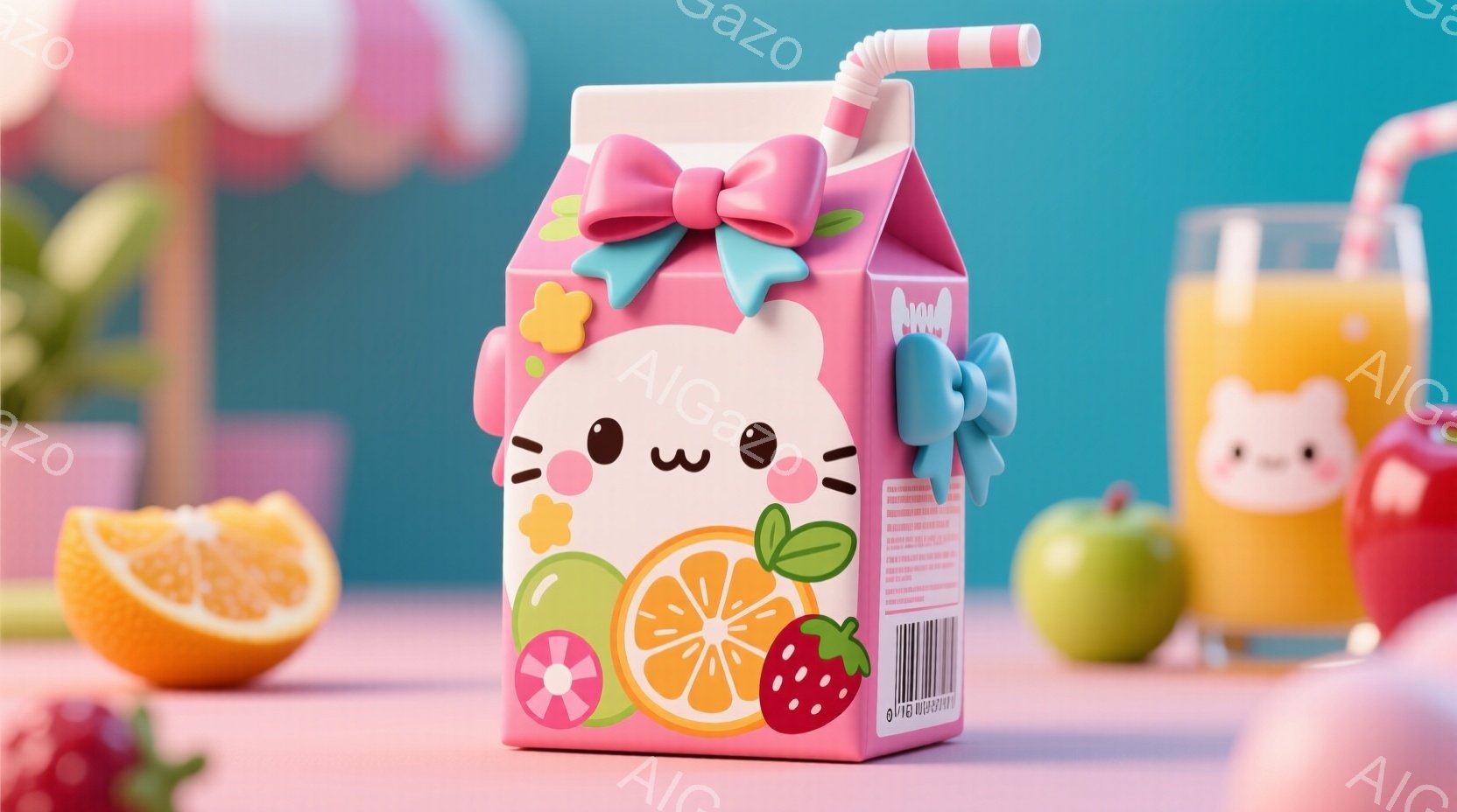 明るいピンク色の背景に、可愛らしい表情をしたオレンジジュースのパックがいくつか並んでいます。パックには大きな目とほほえみが描かれており、頭にはピンクのリボンが付いています。新鮮なオレンジ、イチゴ、リンゴがパックの周りに配置され、全体的に爽やかで甘い雰囲気を醸し出しています。