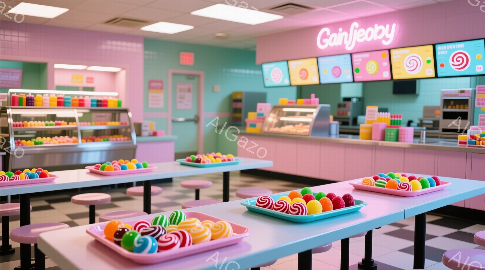 明るいピンクとターコイズブルーを基調としたキャンディショップの内部です。テーブルにはカラフルなキャンディが並べられたお皿が置かれ、背景にはキャンディを陳列したショーケースやメニューが表示されたデジタルサイネージが見えます。全体的にポップで遊び心のある、楽しい雰囲気が漂っています。
