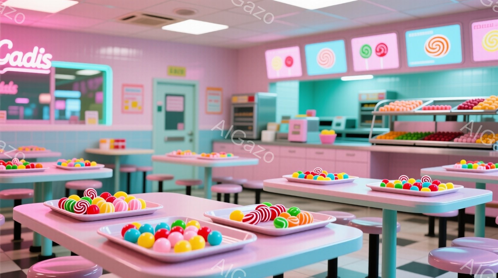 明るいピンクと水色のカラフルなキャンディショップの内部です。テーブルの上には、様々な色のキャンディが並べられたお皿が置かれており、レトロな雰囲気のカウンターと背景にはカラフルなキャンディが並んでいます - AI生成フリー素材