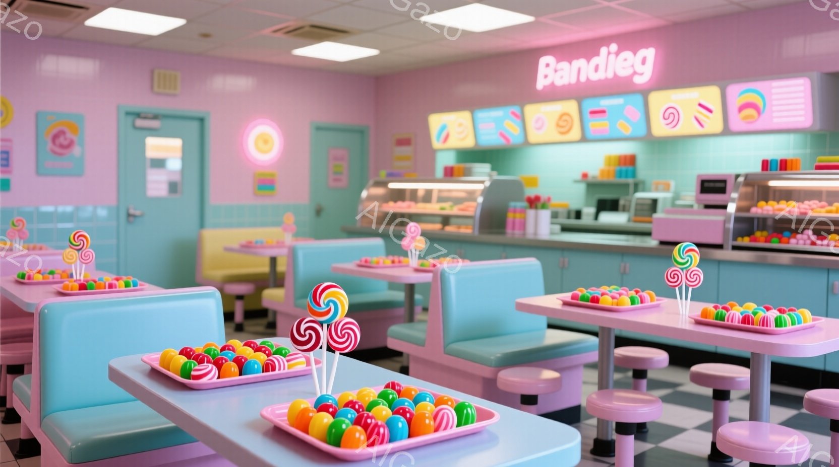 パステルカラーを基調としたキャンディショップの内部です。青、ピンク、水色のブース席と、カラフルなキャンディが並んだテーブルが特徴的です。壁にはキャンディのイラストが飾られ、全体的に明るく甘い雰囲気が漂っています。