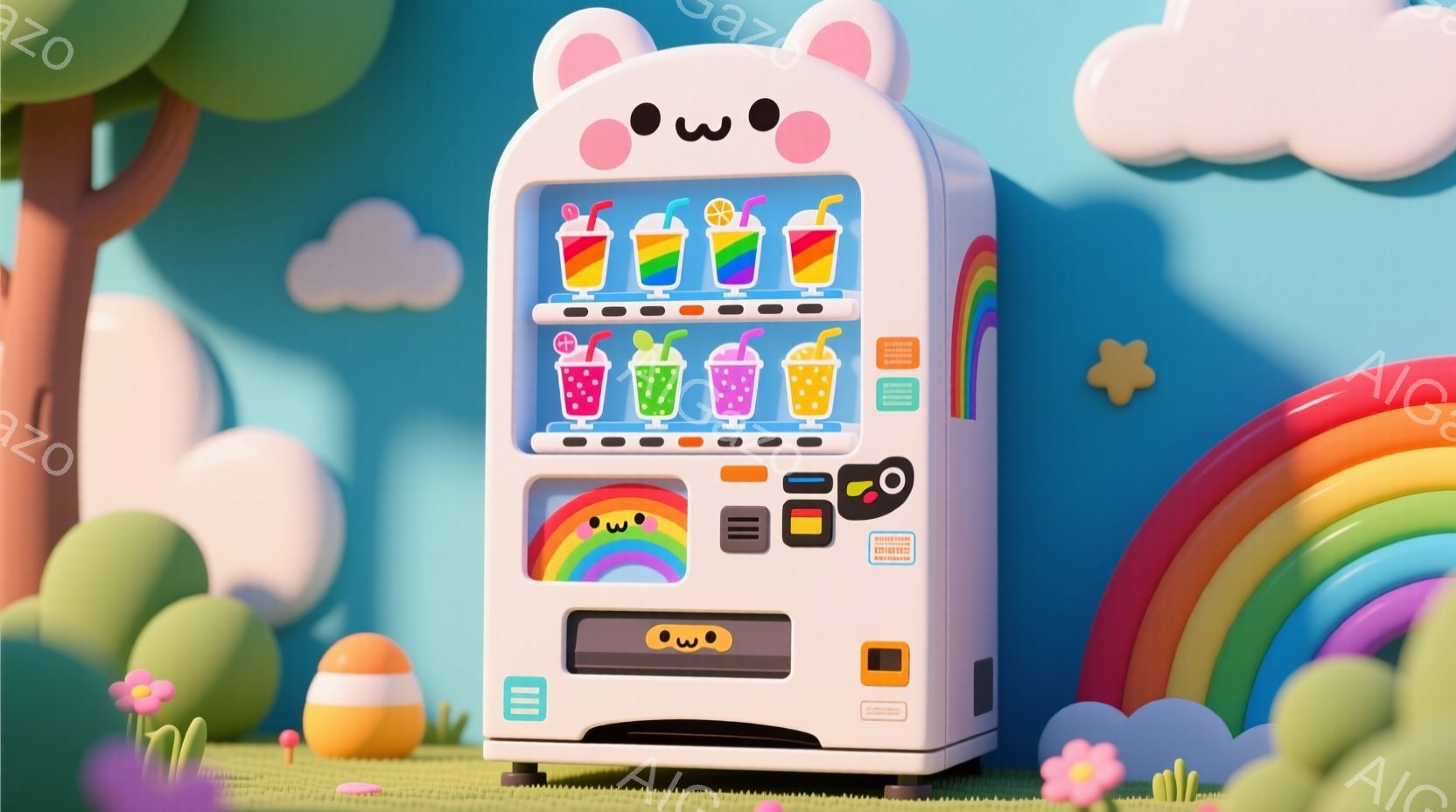 カラフルな背景の中に、かわいらしい自販機が描かれています。自販機は白を基調とし、目の表情や小さな口が特徴的で、まるで生きているかのような愛らしさを表現しています。背景には、虹色のアーチや緑の丘、雲が配置され、ファンタジックで夢のような雰囲気を醸し出しています。