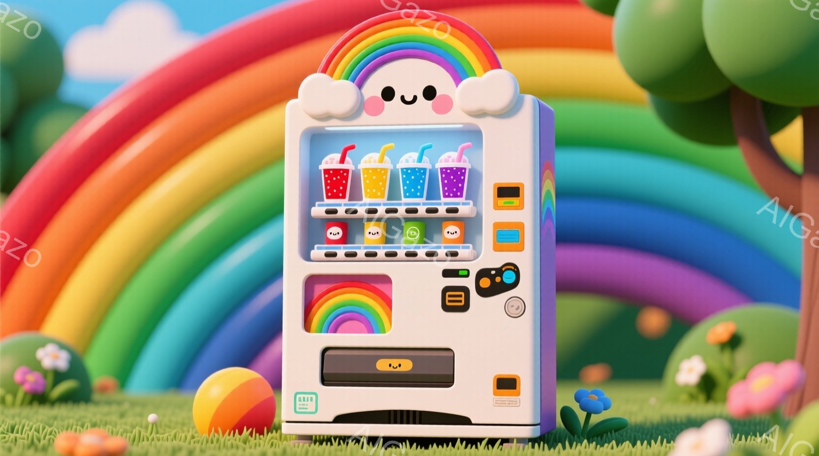 虹の背景に置かれた可愛らしい自動販売機を描いています。自動販売機は白を基調とし、カラフルな飲み物のイラストが並び、正面には微笑む顔の絵が描かれています。緑の草とカラフルな球体のオブジェが点在する背景は - AI生成フリー素材