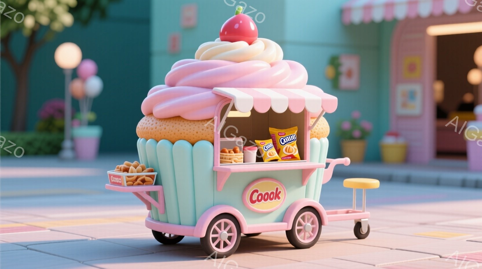 明るい緑色の背景に、ピンクと水色の可愛らしいキッチンカーが描かれています。キッチンカーは巨大なカップケーキを模したデザインで、屋根には大きなイチゴが飾られています。車体には「Cook」と書かれたロゴがあり、中にはお菓子が並べられています。