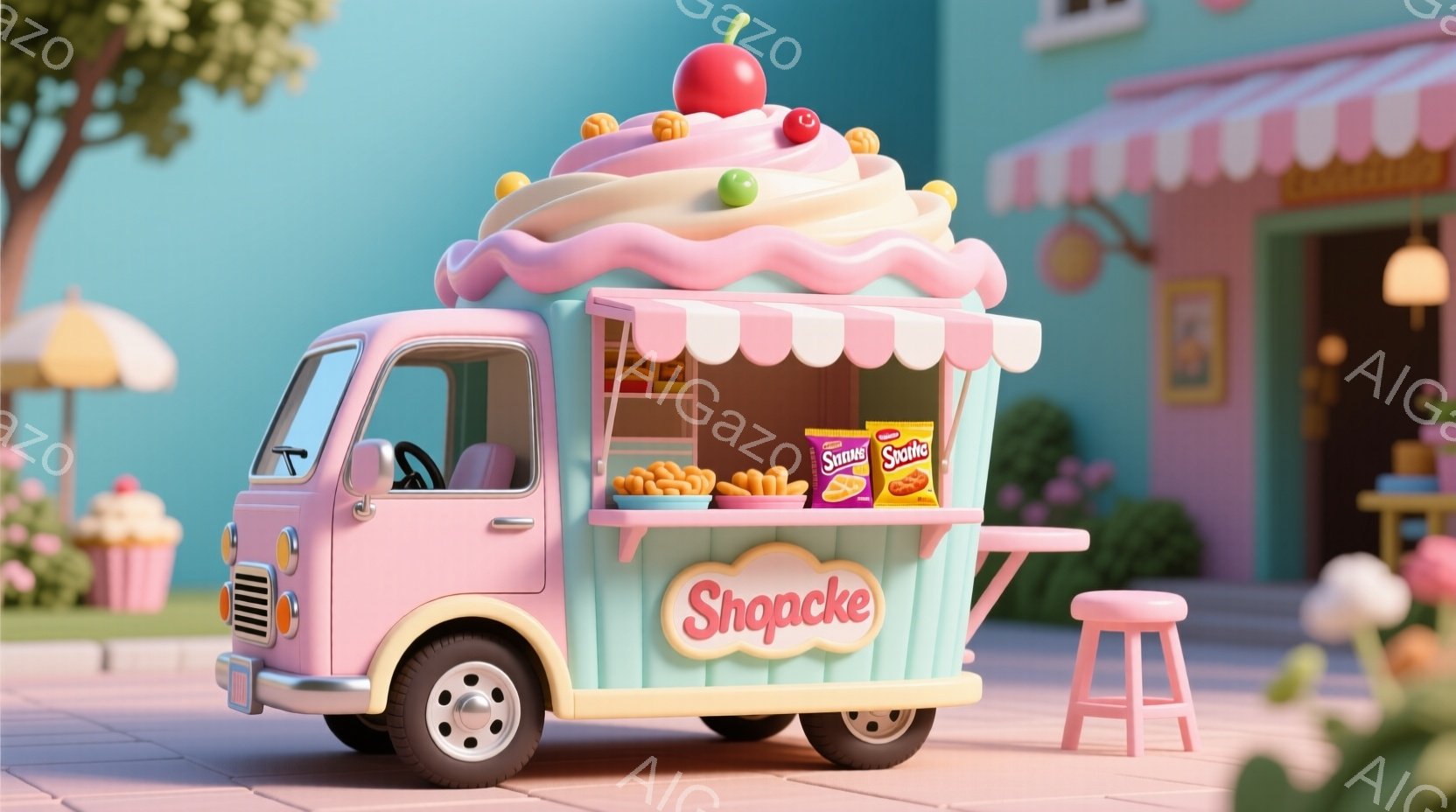 薄いピンク色のワゴン車が、まるで巨大なアイスクリームのように装飾されています。ワゴン車の上部には、色とりどりのスプリンクルと赤いさくらんぼが飾られ、屋根はフワフワのホイップクリームのように表現されています。背景には、パステルカラーの建物や木々が見え、全体的に甘くて夢幻的な雰囲気が漂っています。