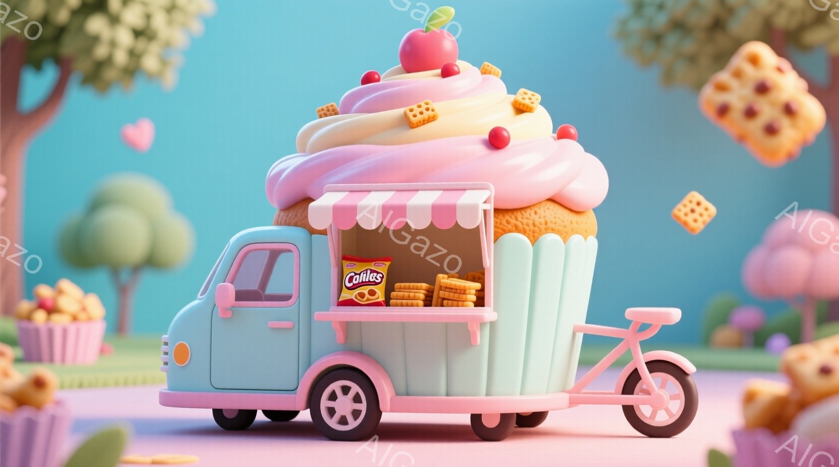 明るい水色の移動販売車が、大きなピンク色のケーキのような屋根を載せています。車内にはオレンジ色のビスケットが並び、ピンク色のストライプのオーニングがついています。背景はパステルカラーの木々や浮遊するビスケットで彩られ、夢のような、甘い雰囲気を醸し出しています。