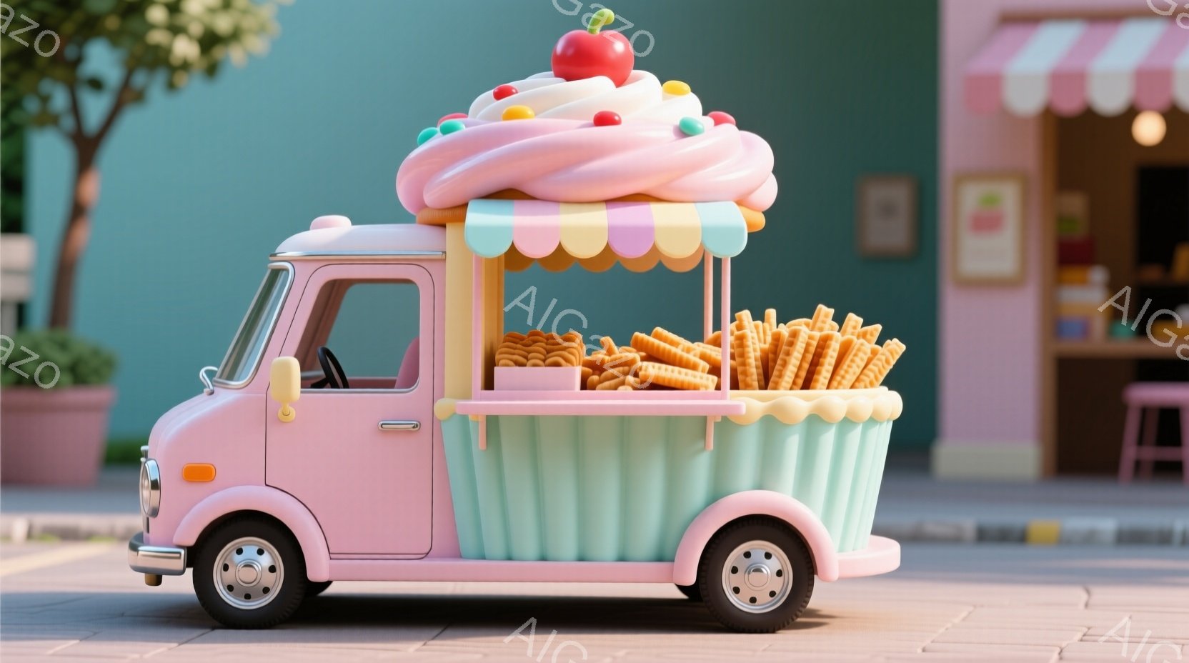 淡いピンク色の可愛らしいキッチンカーが描かれています。屋根はクリームとチェリーで飾られたケーキに見立てられ、車体後部はターコイズ色の箱型で、ポテトフライが盛られています。背景には、ベージュ色の壁と小さな店舗があり、全体的にパステルカラーで柔らかく、甘い雰囲気が漂っています。