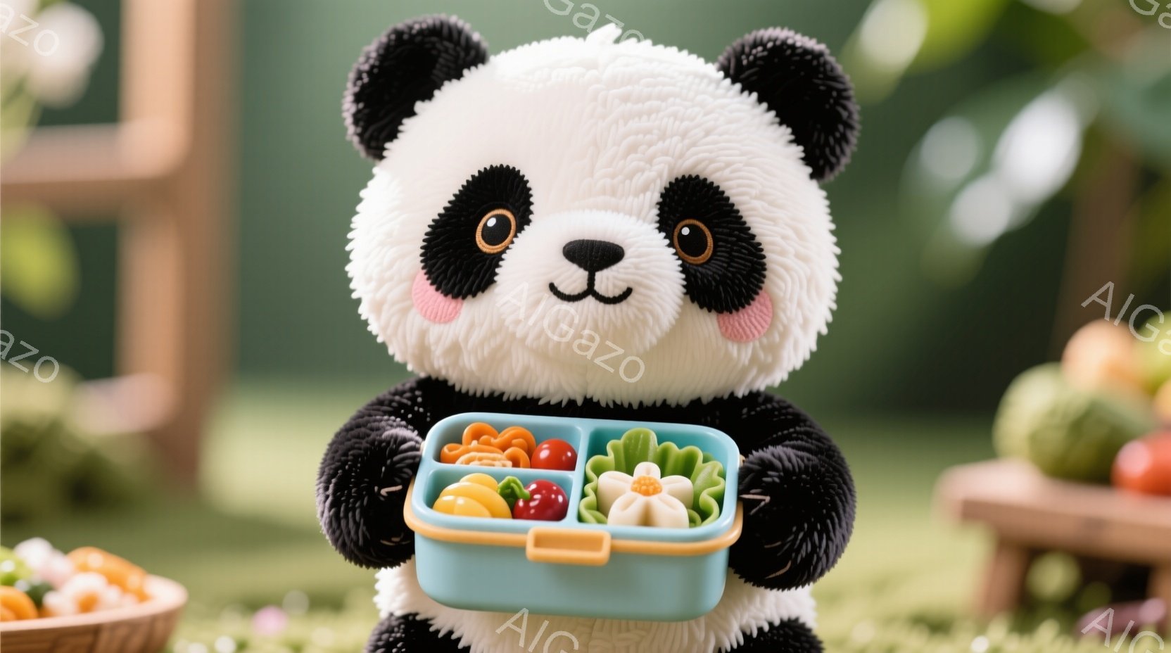 ふわふわのパンダのぬいぐるみは、ターコイズブルーの弁当箱を正面に抱えています。弁当箱の中には、ブロッコリー、トマト、卵焼き、ハンバーグなどの色とりどりのおかずが詰まっています。背景は緑の芝生と木製のテーブルがあり、所々に野菜が置かれ、温かく可愛らしい雰囲気を醸し出しています。