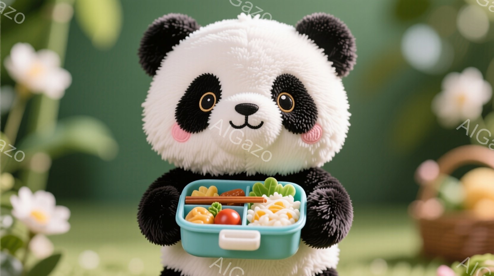 ふわふわのパンダのぬいぐるみは、ターコイズブルーの弁当箱を両手で抱えています。背景には緑の芝生と白い花、そして籐のバスケットが見え、春らしい穏やかな雰囲気です。パンダは丸い目と優しい表情で、とても愛らしい印象を与えます。