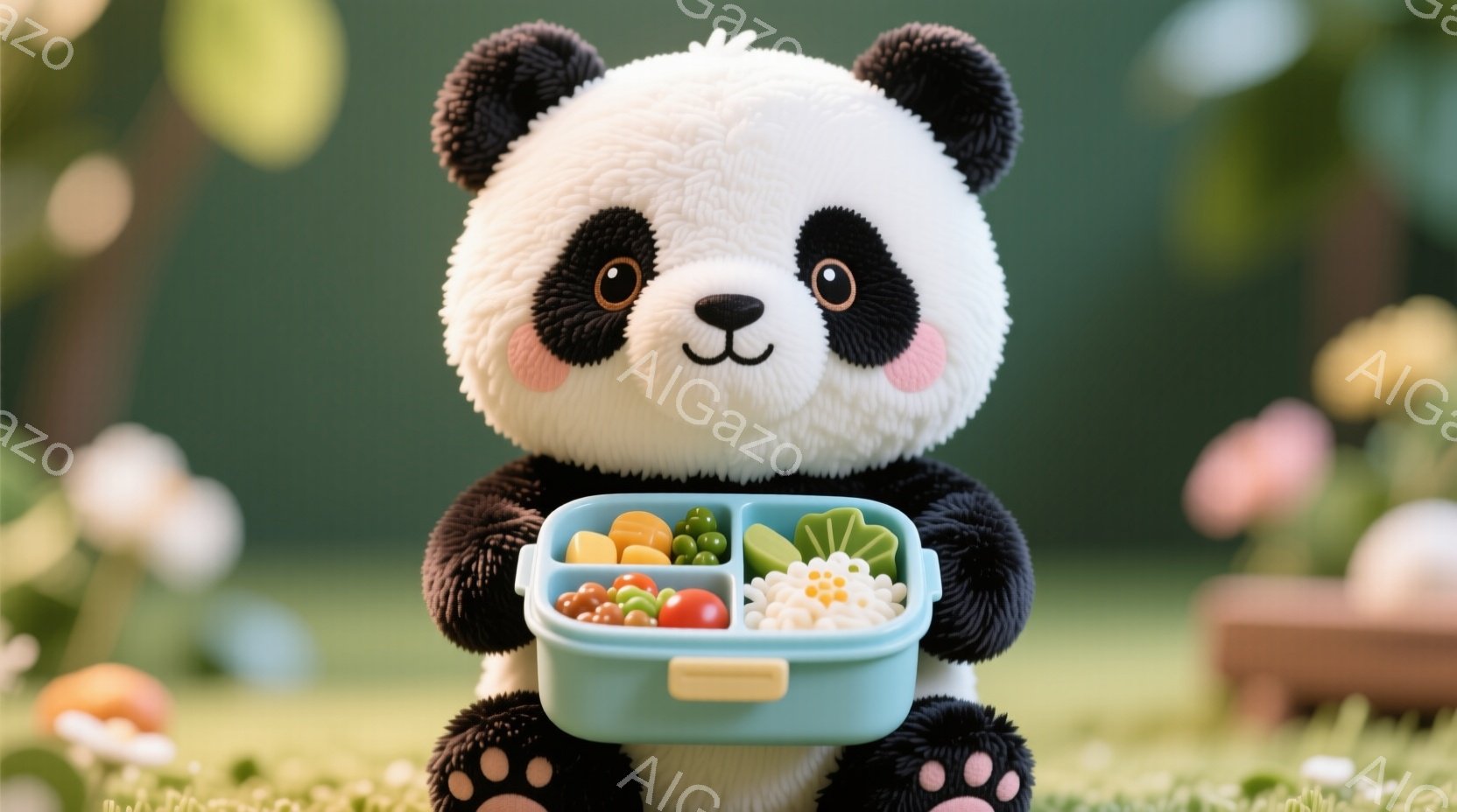 お弁当箱を持っているパンダのぬいぐるみです。パンダは黒と白の毛並みで、つぶらな瞳と穏やかな表情をしています。背景には緑の芝生とぼやけた花々が見え、暖かく優しい雰囲気を醸し出しています。 - AI生成フリー素材