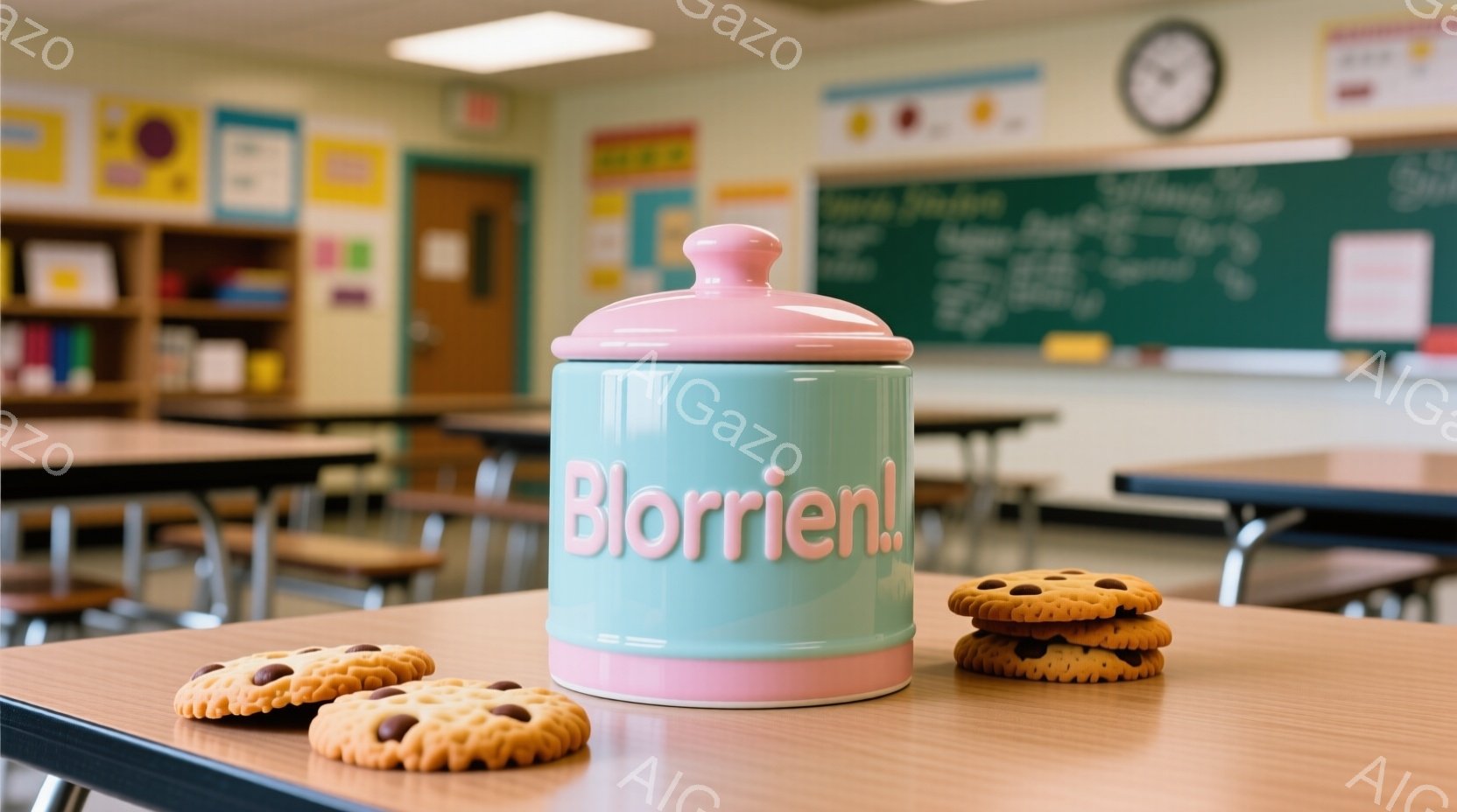 教室の机の上に、水色の蓋とピンクの蓋を持つ陶器のジャーと、いくつかのチョコレートチップクッキーが置かれています。背景には他の机と椅子が見え、黒板には書き込みがされています。全体的に明るく、温かい雰囲気 - AI生成フリー素材