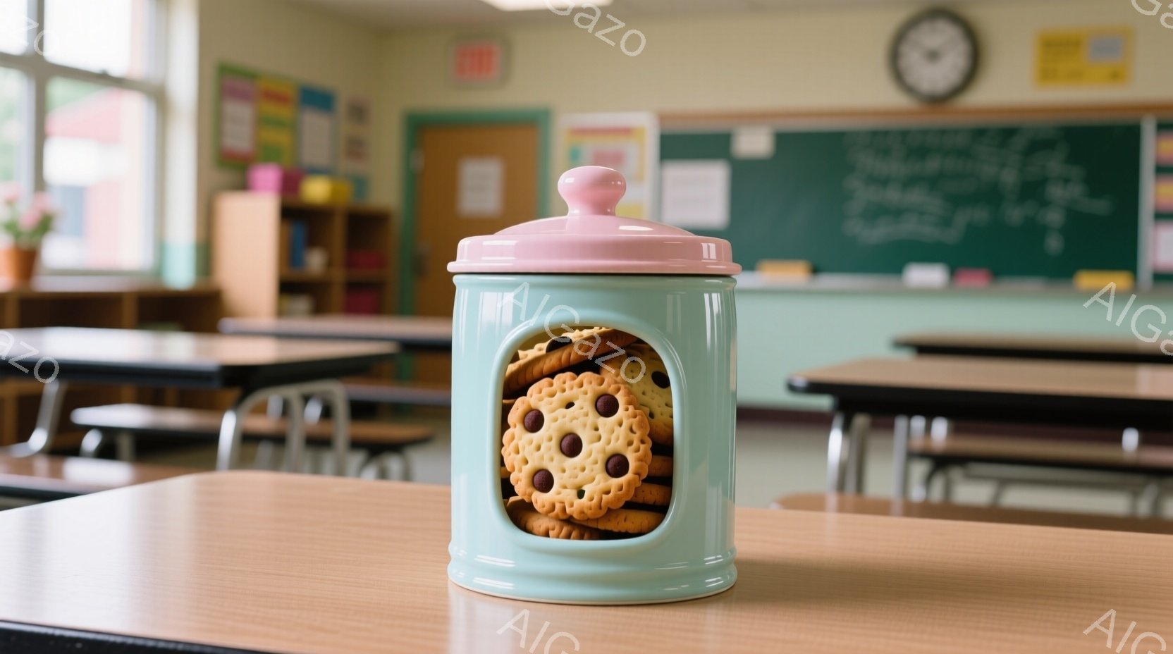 教室の木製の机の上に、水色の蓋がピンク色の容器に入ったクッキーが置かれています。背景には、黒板、キャビネット、机と椅子が並び、教室の様子がうかがえます。全体的に、温かく、親しみやすい雰囲気です。
