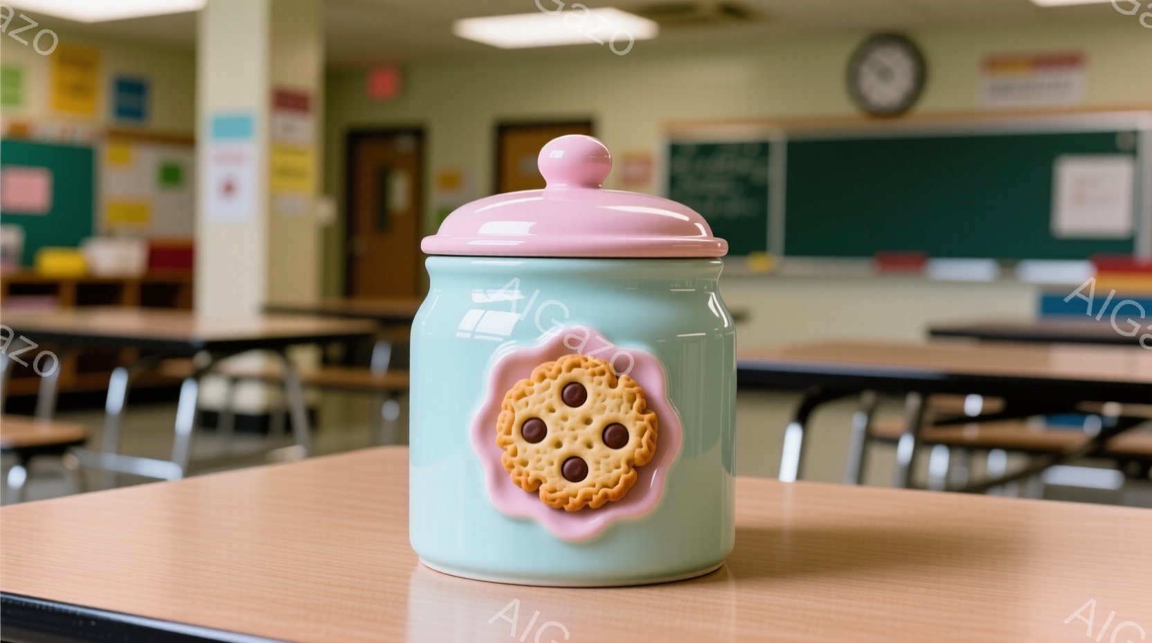 ターコイズブルーの容器が木の机の上に置かれており、正面には大きなチョコレートチップクッキーのモチーフがついています。容器の蓋と取っ手は淡いピンク色で、全体的に可愛らしい印象です。背景は教室のようで、黒板や机、椅子が見え、明るく穏やかな雰囲気です。