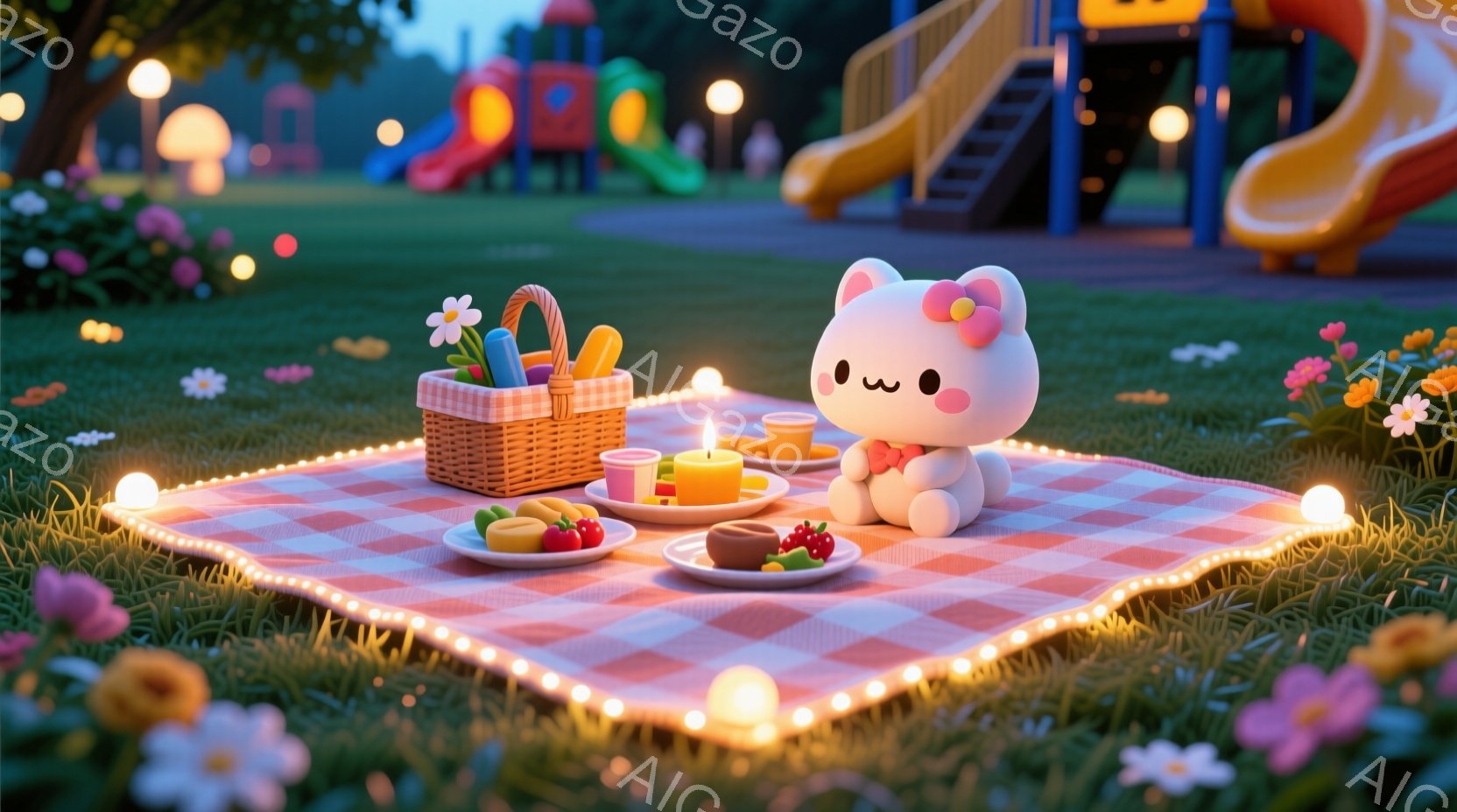 明るいピンクと白のチェック柄のピクニックブランケットの上に、可愛らしいクマのぬいぐるみが座っています。クマはピンクのリボンで髪を結び、つぶらな瞳で静かに座り、周囲にはバスケット、お皿に盛られた食べ物、 - AI生成フリー素材