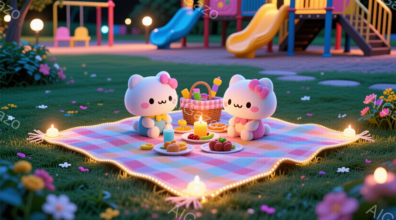 ピクニックブランケットの上に、可愛らしいキティのキャラクターが二人座っています。彼らはピンクの服を着ており、つぶらな瞳と控えめな笑顔が印象的です。背景にはカラフルな遊具と緑豊かな草地が広がり、温かい光 - AI生成フリー素材