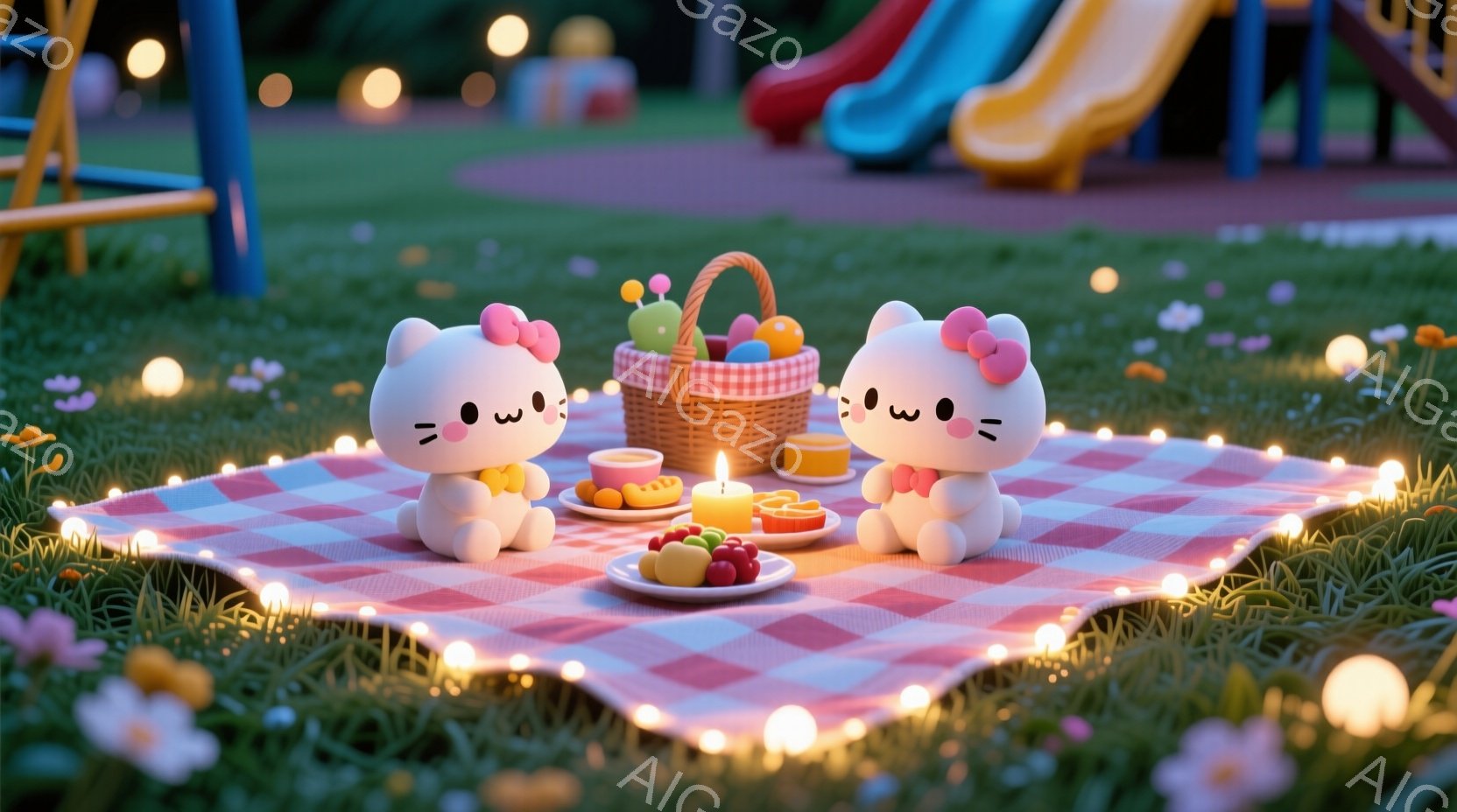 赤と白のチェック柄のピクニックシートの上には、可愛らしいキティちゃんが二人並んで座っています。それぞれ黄色い服を着て、少し微笑んだ表情をしています。背景には遊具や緑豊かな草地が広がり、周りには小さな光が散りばめられており、幻想的で暖かい雰囲気です。