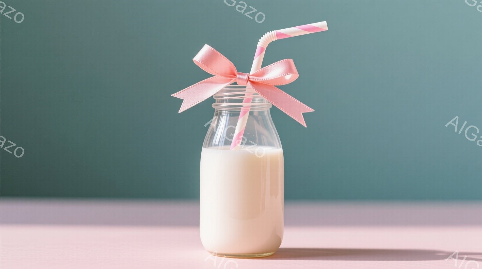 透明な瓶に、淡いクリーム色の液体が入っており、ピンク色のリボンとストライプのストローが飾られています。瓶は薄いピンク色のテーブルの上に置かれ、背景は淡い水色で、全体的に柔らかく、穏やかな雰囲気を醸し出しています。光の当たり具合から、静かで落ち着いた時間が流れているように感じられます。