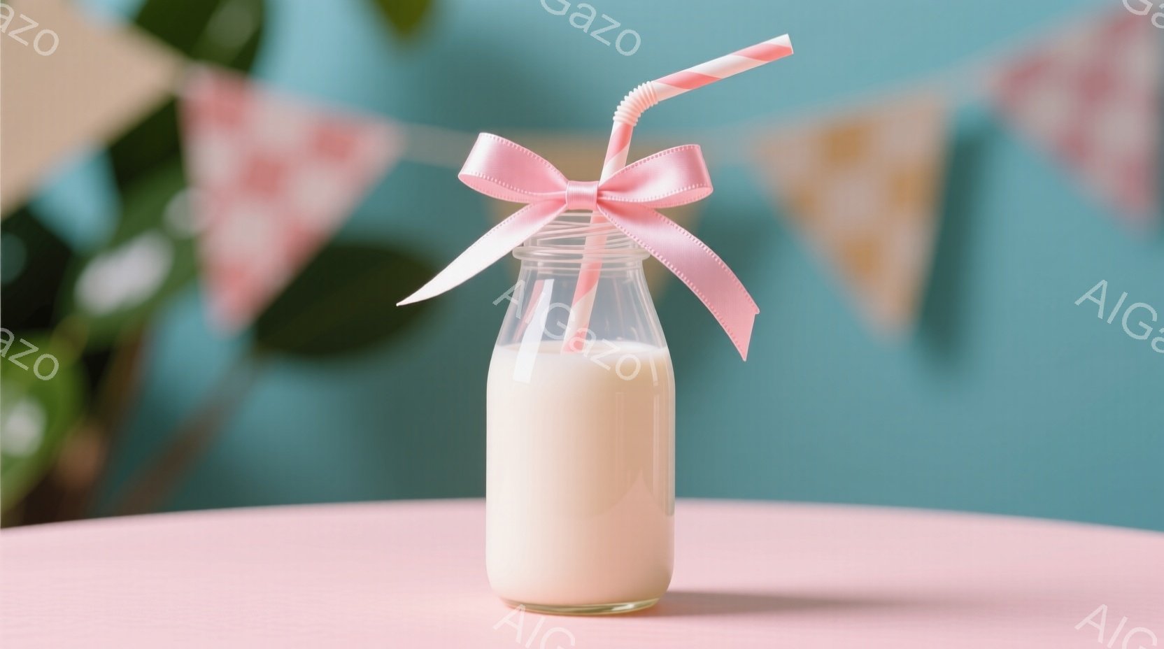 淡いピンク色のテーブルの上に、透明な瓶に入ったベージュ色の飲み物が置かれています。瓶にはピンクのリボンとストローが飾られており、背景にはぼやけたパステルカラーの旗が飾られています。全体的に柔らかく、甘い雰囲気が漂っています。