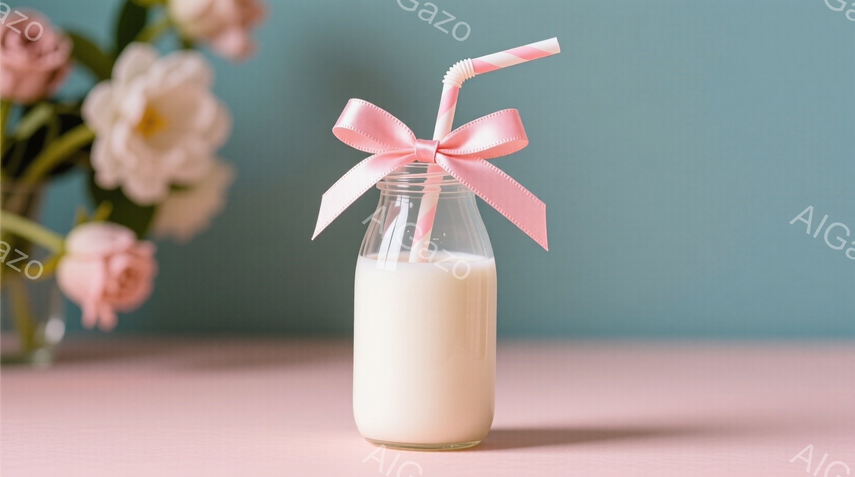 桃色の背景に、ミルクが入ったガラス瓶が置かれています。瓶にはピンクのリボンとストローが飾り付けられ、背景にはぼやけたピンクの花が添えられています。全体的に、柔らかく、甘く、牧歌的な雰囲気が漂っています。