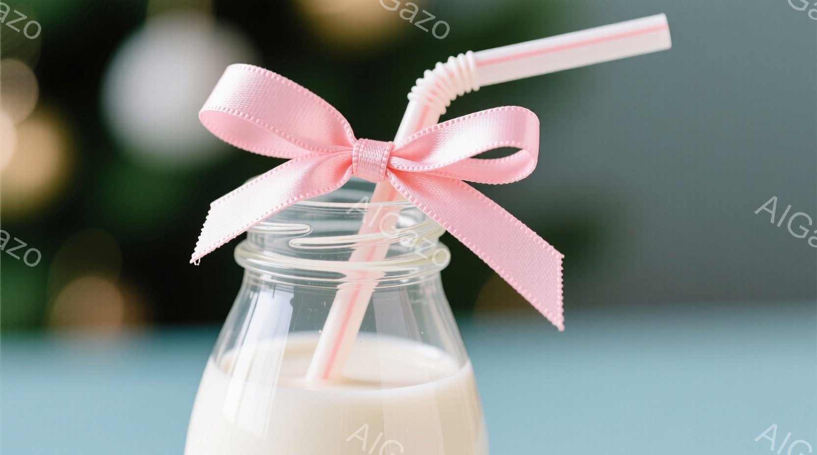 ガラスの瓶に薄いクリーム色の飲み物が入れられており、ピンクのリボンとストローが飾られています。背景はぼやけた淡い青色で、柔らかく優しい雰囲気を醸し出しています。全体的に、甘くて可愛らしい印象を与える写真です。