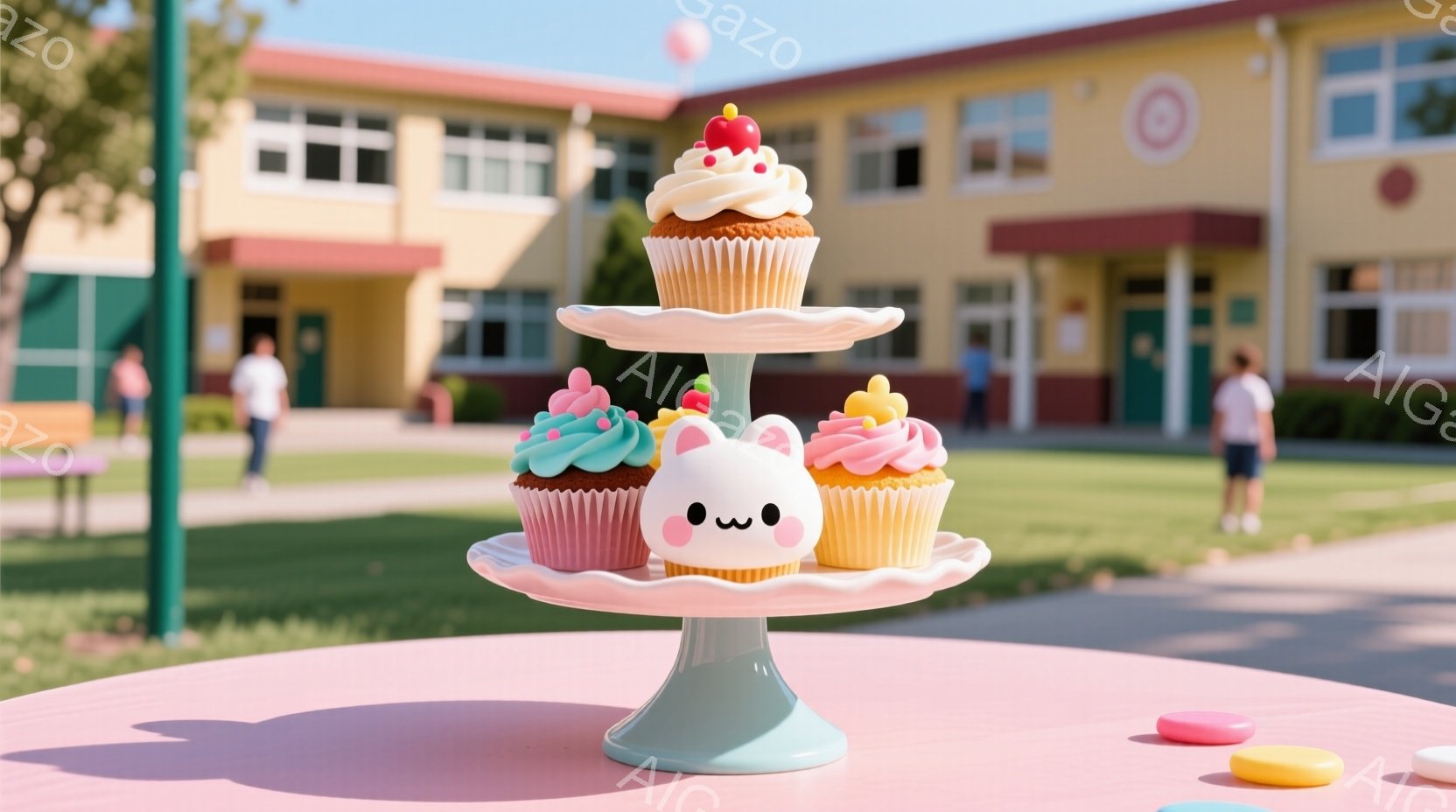 ピンク色のテーブルの上に、三段重ねのケーキスタンドが置かれており、カラフルなカップケーキが並んでいます。背景にはレンガ造りの学校建物が見え、青空の下、穏やかな春の日のような雰囲気が漂っています。テーブ - AI生成フリー素材