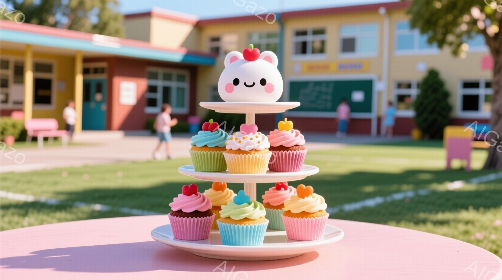 ピンク色のテーブルの上に、カラフルなカップケーキが並んだ三段重ねのケーキスタンドがあります。背景には、緑の芝生と、窓がたくさんある黄色と茶色の建物が見え、晴れた空と穏やかな天候を示しています。全体的に - AI生成フリー素材