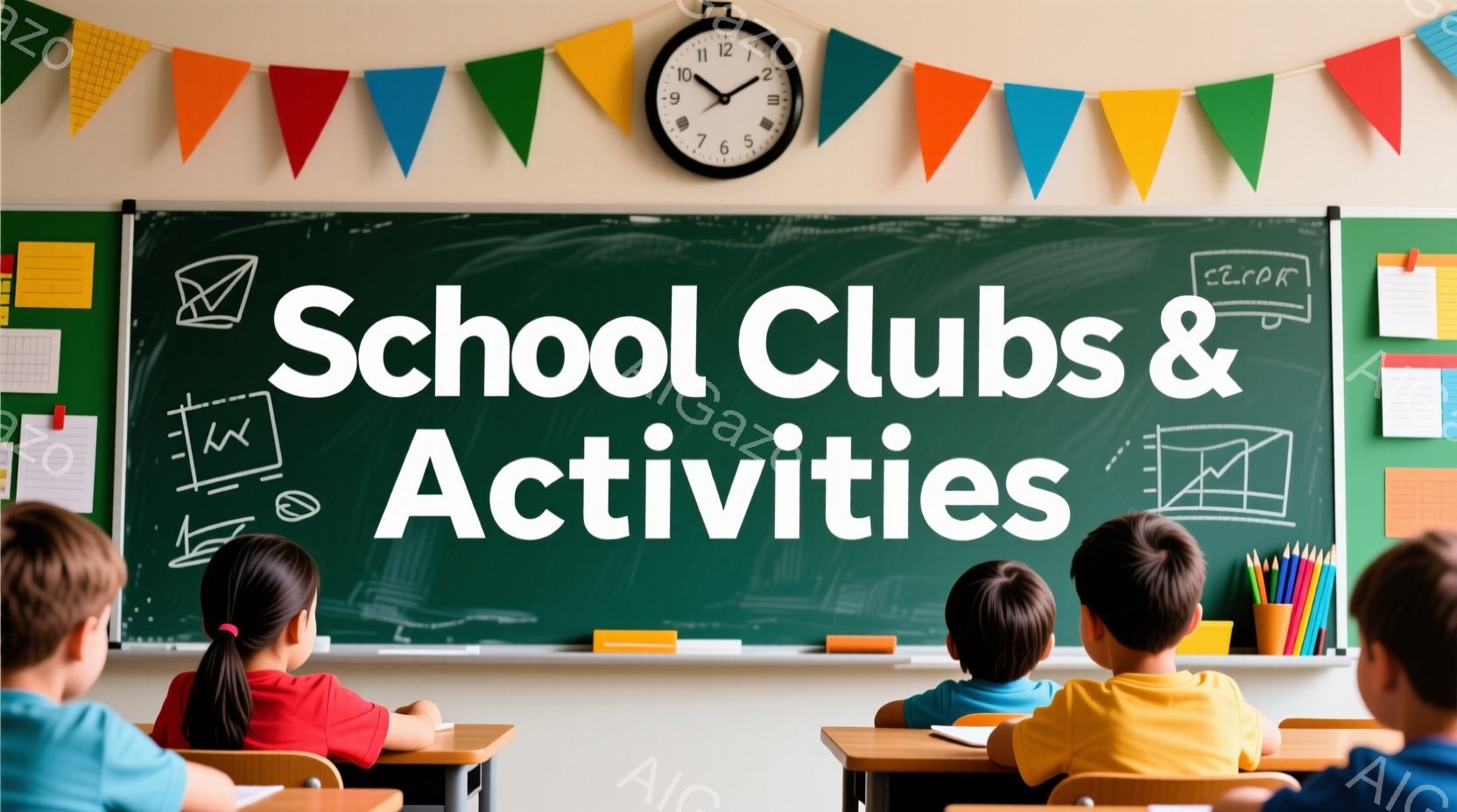 教室の中には、背中を向けて座っている子どもたちがいます。彼らはそれぞれ異なる色の服を着ており、一部の子は三つ編みや短い髪型をしています。背景には黒板、時計、カラフルな旗があり、明るく活気のある雰囲気を - AI生成フリー素材