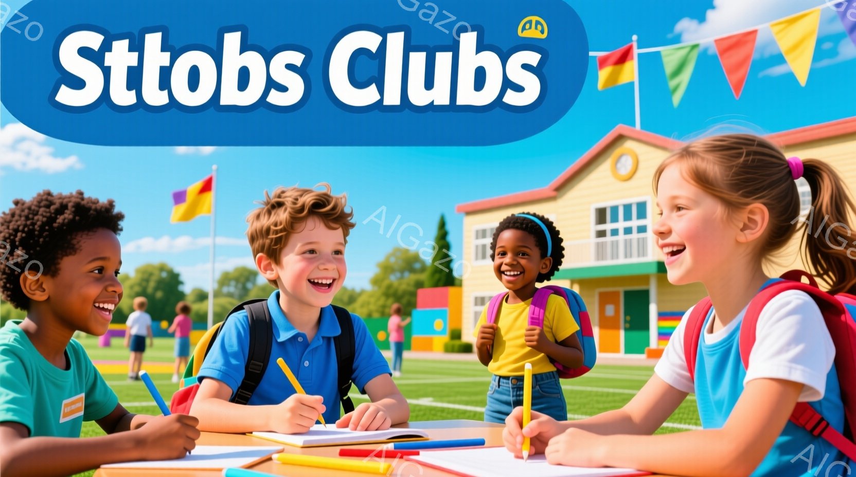 四人の子供たちが屋外のテーブルを囲んで座り、楽しそうに絵を描いている様子が描かれています。彼らはカラフルな服を着ており、笑顔で活気に満ちています。背景には緑豊かな芝生、カラフルな建物、そして晴れた青空が広がっており、全体的に明るく楽しい雰囲気が漂っています。