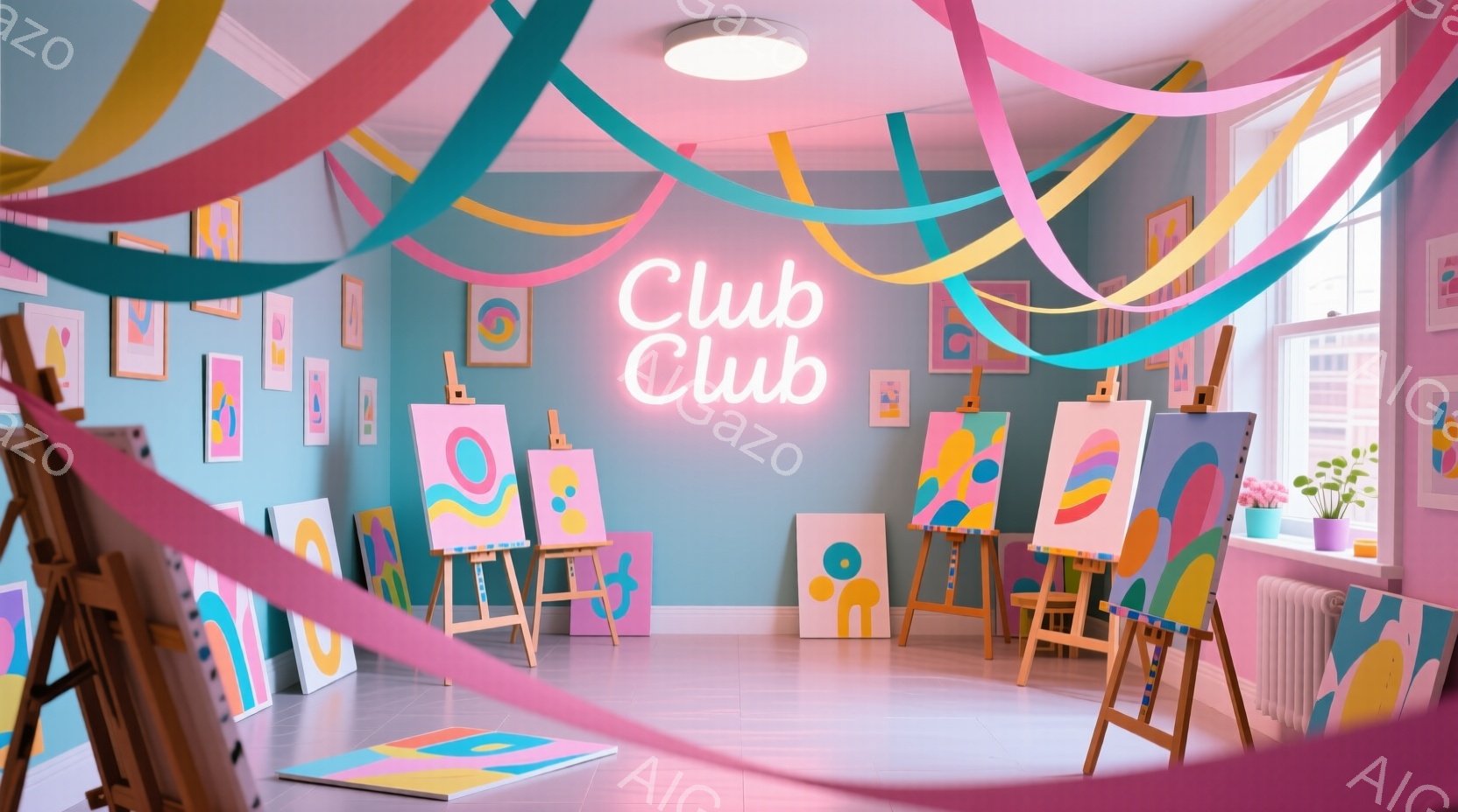 アトリエのような室内で、複数のイーゼルとキャンバスが並べられています。壁にはカラフルな絵画が飾られ、天井からはピンク、水色、黄色のリボンが吊り下げられています。明るい色使いと開放的な空間は、創造的で遊び心のある雰囲気を醸し出しています。