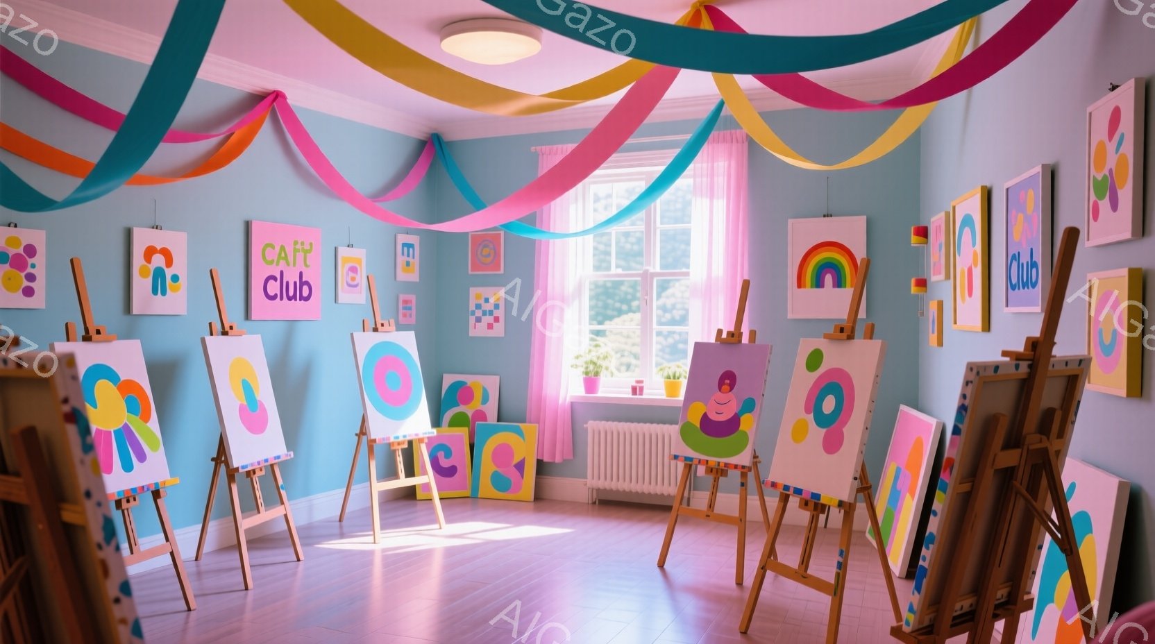 明るい水色の壁に、様々な抽象画がイーゼルに飾られたアート教室です。窓からは緑豊かな木々が見え、部屋全体がカラフルなリボンで装飾され、暖かく創造的な雰囲気を醸し出しています。絵画は鮮やかな色彩とシンプル - AI生成フリー素材