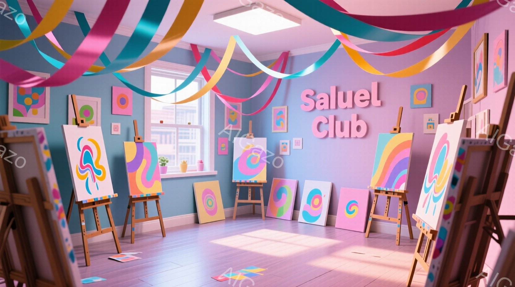 明るい紫色に塗られた部屋には、様々な色の抽象画がイーゼルに飾られています。天井からはピンク、青、黄色のリボンが垂れ下がり、カラフルで遊び心のある雰囲気を演出しています。部屋全体がアートスタジオのような空間で、床には絵の具のパレットが置かれています。